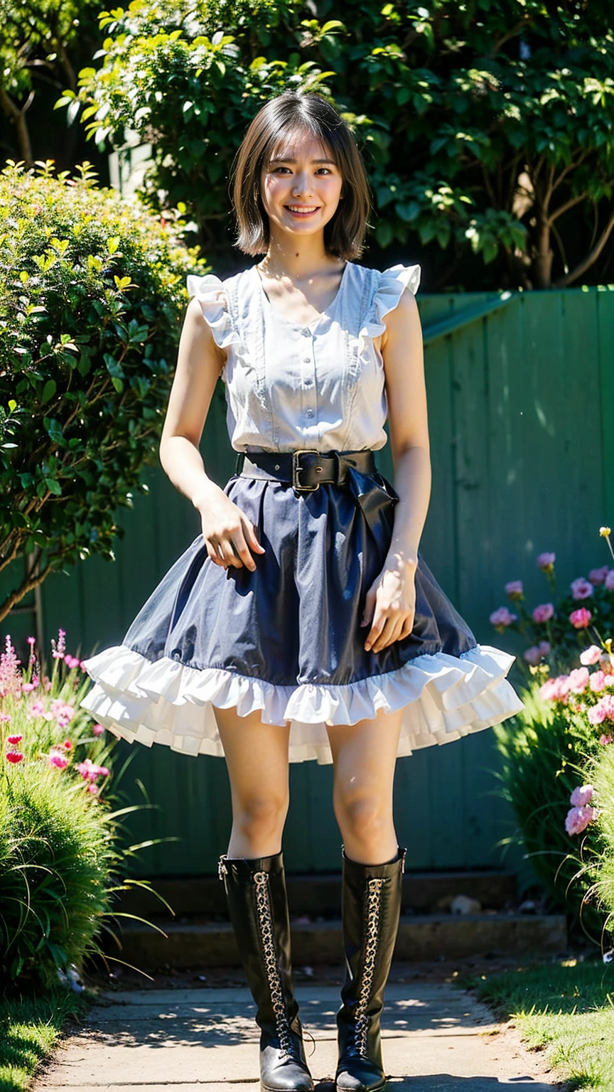 (8K、RAW Photos、Highest quality、masterpiece:1.2)、(Realistic、Realistic)、1 Girl、((mini skirt、smile、See-through、Frills、Sleeveless、Pink and black、Thin legs、whole body、boots、one piece、garden、View from the front、Looking into the camera、belt、Stand with hands on hips))、cute
