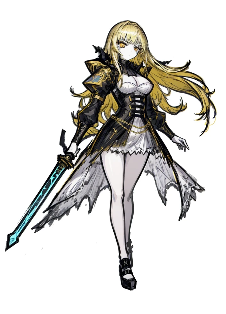 1girl, pale skin, golden eyes, golden hair, noblewoman dress, gold accessories, nice clothes, (high resolution, high detail, best quality),
black background, medium size breasts, legendary sword, sad,