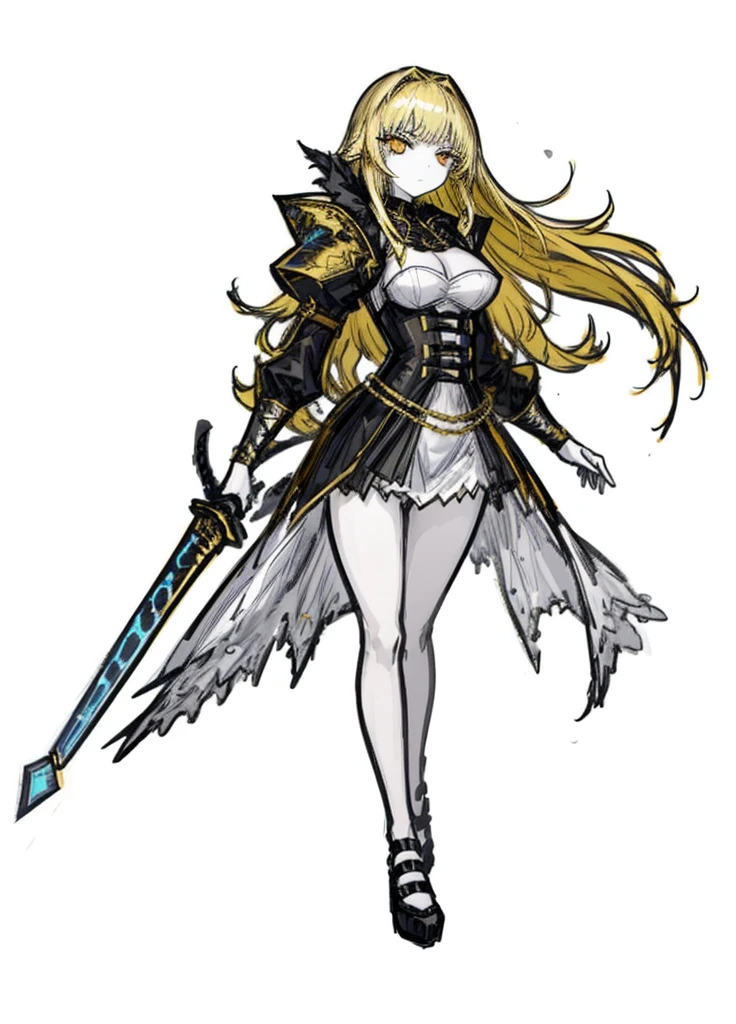 1girl, pale skin, golden eyes, golden hair, noblewoman dress, gold accessories, nice clothes, (high resolution, high detail, best quality), 
black background, medium size breasts, legendary sword,  sad,