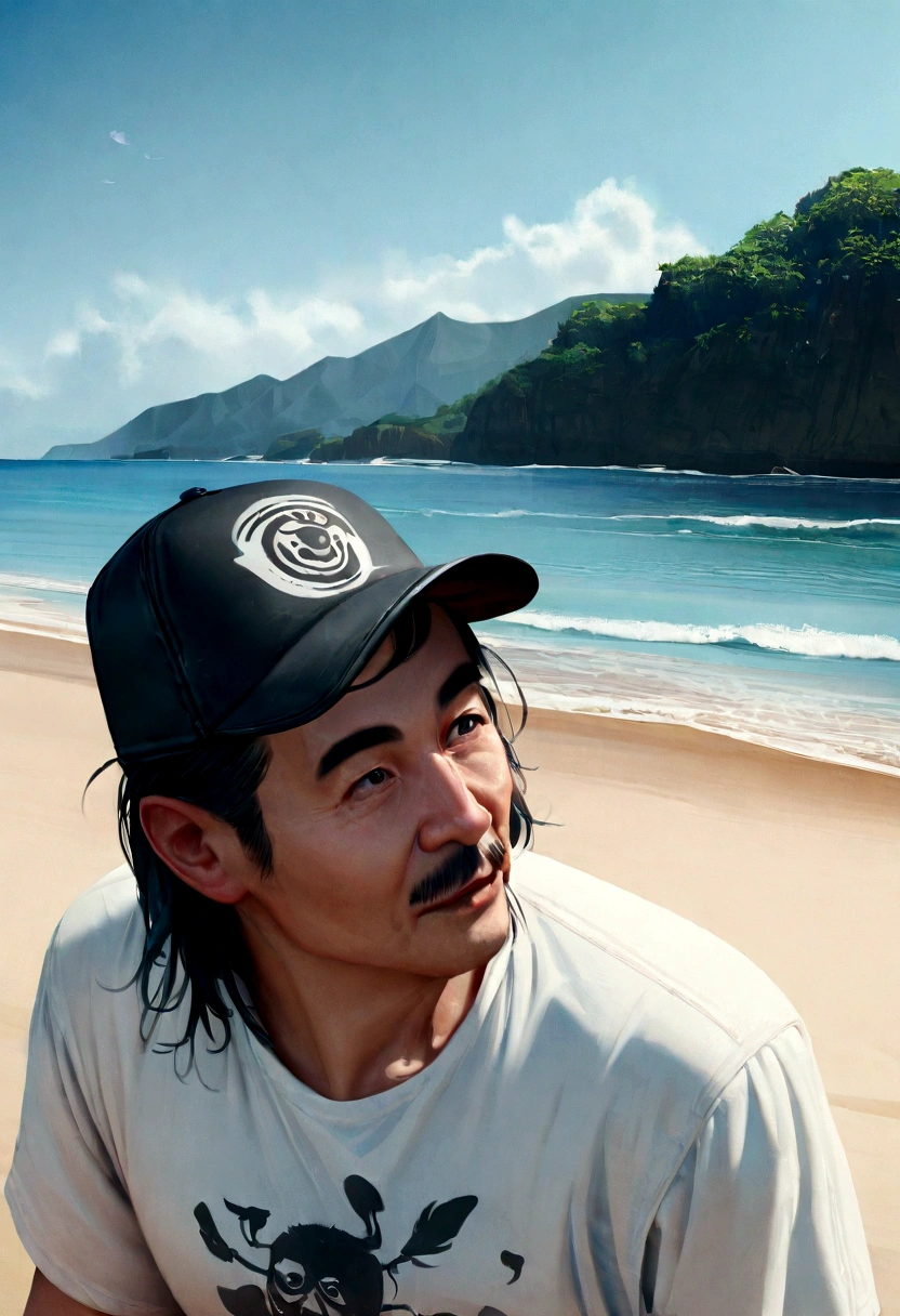 surrealistic、top-quality、 超A high resolution、Nikon Z 85mm、natural soft light、profetional lighting、realisitic、Super live-action、Photorealsitic、chainese man with black cap,、white t-shirts、short、the beach、Along the coast、summer、Hawaii、