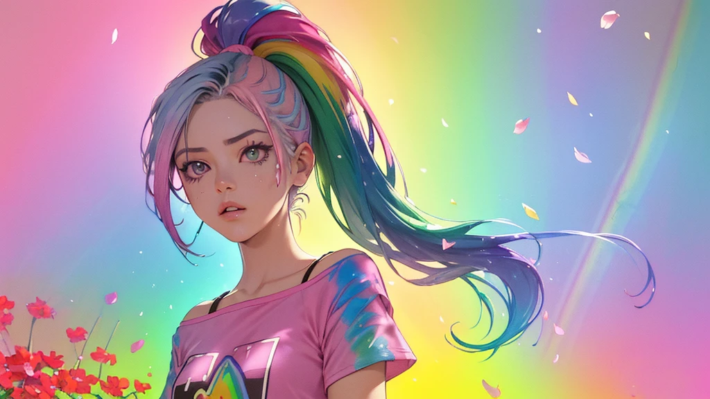 (Pink Fashion T-Shirt: 1.9), (colorfulな髪: 1.8), (All the colors of the rainbow: 1.8), (((Vertical painting: 1.6))), (painting: 1.6), front, manga, figure, painting, Big eyes, Crystal Clear, (Rainbow gradient high ponytail: 1.7), Delicate makeup, shut up, (Small freshness: 1.5), (Bandeau: 1.6), Long eyelashes, White off-shoulder T-shirt, White shoulder shirt, Looking at the audience, Big teary eyes, (Rainbow Hair: 1.6), カラーsplash, (alone:1.8), カラーsplash, An explosion of colors, カラーsplash, An explosion of colors, 厚漆Wind, Messy Lines, ((The Shining)), (colorful), (colorful), (colorful), colorful, Thick paint Style, (splash) (Color splash), Vertical painting, Upper Body, paint splash, Acrylic Pigments, Slope, paint, Best image quality, masterpiece, alone, Depth of written boundary, Face paint, colorful clothes, (grace: 1.2), nice, Long Hair, Wind, (grace: 1.3), (petal: 1.4), ((masterpiece))), ((Highest quality))), (Super detailed), (figure), (Dynamic Angle), (floating), (paint), ((Hair loss)), (alone), (One girl), ( ( ( Detailed anima face))), (( Beautifully detailed face)), collar, Exposed shoulders, Gray Hair, ((Colored Hair)), ((Striped Hair)), Beautiful attention to detail, (Gradient Eye), (Colored eyes))), (Colored Background))), (High saturation))), ((surrounded by colorful splashes))),