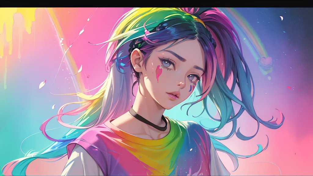 (Pink Fashion T-Shirt: 1.9), (colorfulな髪: 1.8), (All the colors of the rainbow: 1.8), (((Vertical painting: 1.6))), (painting: 1.6), front, manga, figure, painting, Big eyes, Crystal Clear, (Rainbow gradient high ponytail: 1.7), Delicate makeup, shut up, (Small freshness: 1.5), (Bandeau: 1.6), Long eyelashes, White off-shoulder T-shirt, White shoulder shirt, Looking at the audience, Big teary eyes, (Rainbow Hair: 1.6), カラーsplash, (alone:1.8), カラーsplash, An explosion of colors, カラーsplash, An explosion of colors, 厚漆Wind, Messy Lines, ((The Shining)), (colorful), (colorful), (colorful), colorful, Thick paint Style, (splash) (Color splash), Vertical painting, Upper Body, paint splash, Acrylic Pigments, Slope, paint, Best image quality, masterpiece, alone, Depth of written boundary, Face paint, colorful clothes, (grace: 1.2), nice, Long Hair, Wind, (grace: 1.3), (petal: 1.4), ((masterpiece))), ((Highest quality))), (Super detailed), (figure), (Dynamic Angle), (floating), (paint), ((Hair loss)), (alone), (One girl), ( ( ( Detailed anima face))), (( Beautifully detailed face)), collar, Exposed shoulders, Gray Hair, ((Colored Hair)), ((Striped Hair)), Beautiful attention to detail, (Gradient Eye), (Colored eyes))), (Colored Background))), (High saturation))), ((surrounded by colorful splashes))),