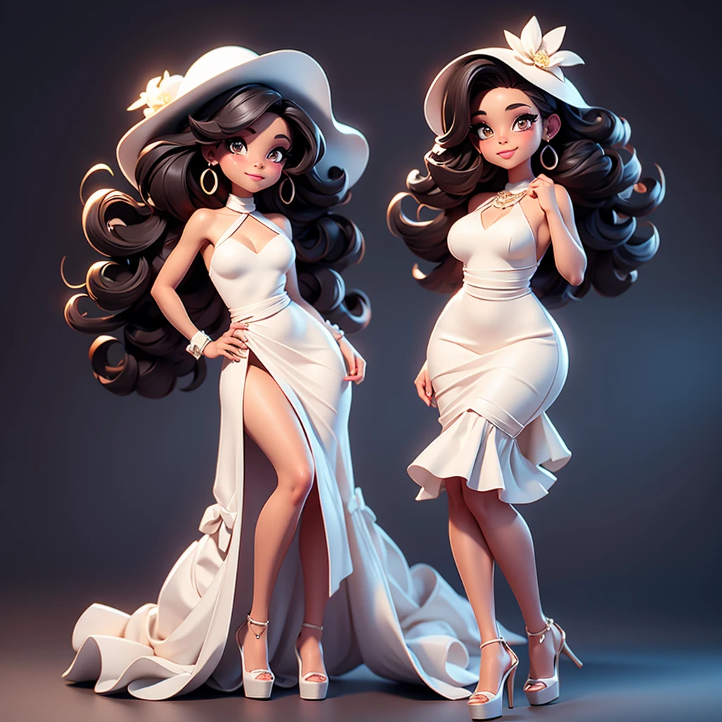 A sexy cartonn black woman in white dress posing gracefully for a photo, beauty in loose dress, long curly hair, Waist slender, sexy girl, mulher de corpo inteiro, wearing loose dress, beautiful seductive woman, slender figure, cartoon vector style, corpo pin-up, Broad Hips