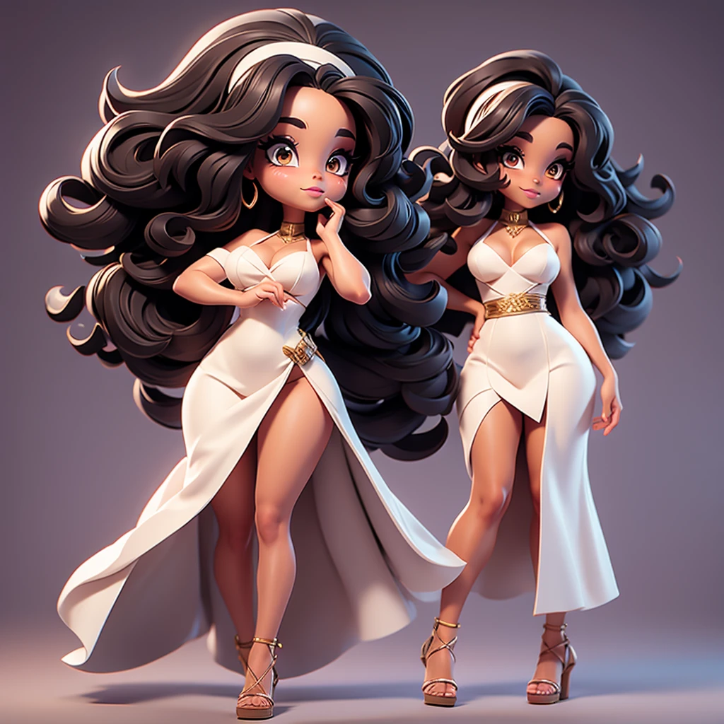  A sexy cartonn black woman in white dress posing gracefully for a photo, beauty in loose dress, long curly hair, Waist slender, sexy girl, mulher de corpo inteiro, wearing loose dress, beautiful seductive woman, slender figure, cartoon vector style, corpo pin-up, Broad Hips