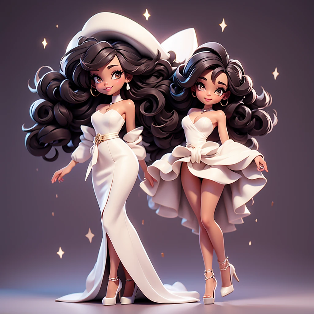 A sexy cartonn black woman in white dress posing gracefully for a photo, beauty in loose dress, long curly hair, Waist slender, sexy girl, mulher de corpo inteiro, wearing loose dress, beautiful seductive woman, slender figure, cartoon vector style, corpo pin-up, Broad Hips