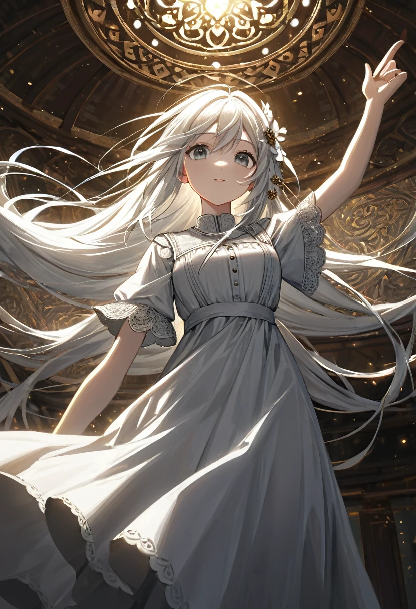 a peasant girl in a white dress, long hair, white hair, beautiful gray eyes, small metal hairpin on hair upward,detailed clothing, serene expression,(best quality,4k,8k,highres,masterpiece:1.2),ultra-detailed,cinematic lighting,intricate texture,elegant,