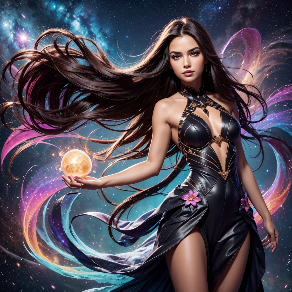 (best quality, masterpiece), 1girl, pose, particle, wind, flower, upper body, simple background, looking at viewer, black wildly hair, cosmic, nebulas, galaxy
