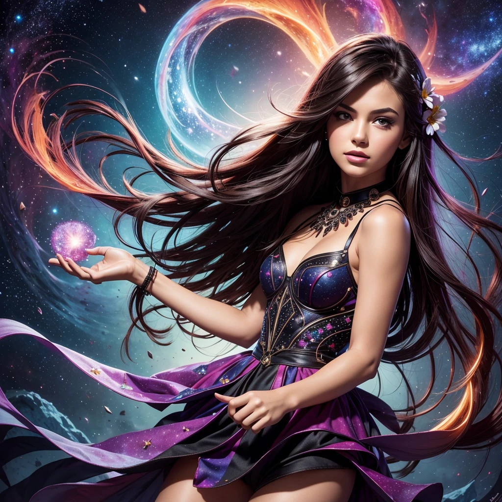 (best quality, masterpiece), 1girl, pose, particle, wind, flower, upper body, simple background, looking at viewer, black wildly hair, cosmic, nebulas, galaxy