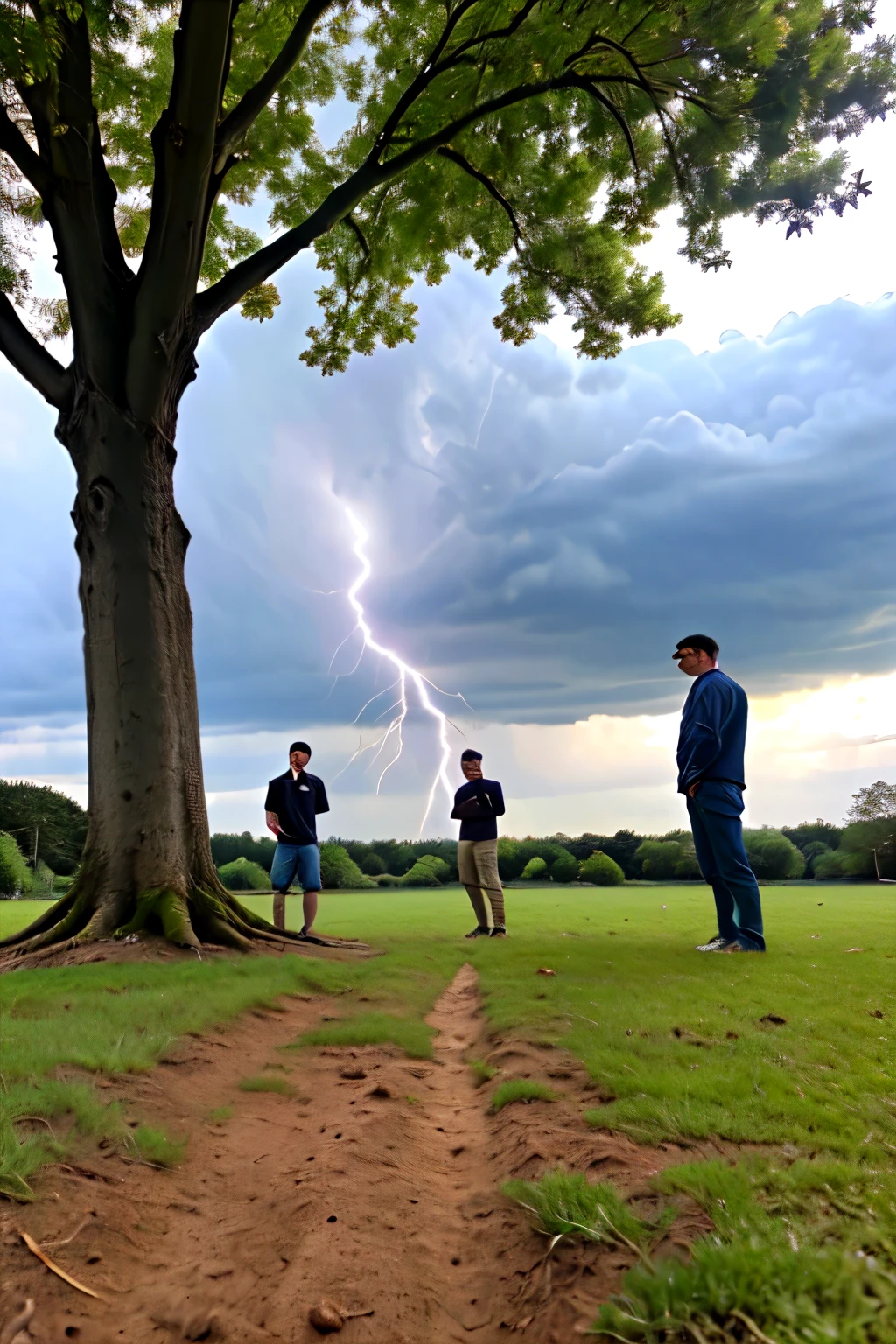 lightning strikes four men standing under tree in a ground. all fail to the ground