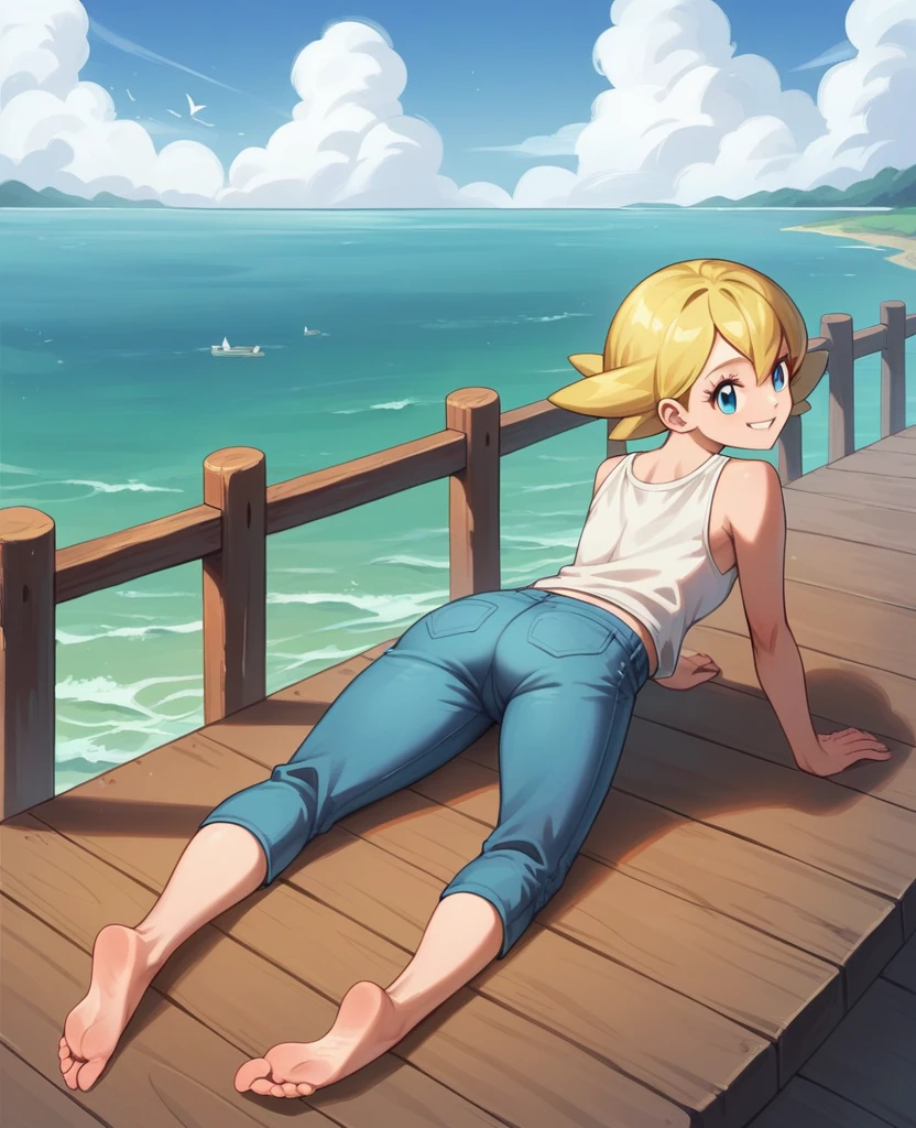 Masterpiece, Best Quality, high resolution, pier and sea in the background, A girl, alone, blue eyes, short hair, sky blue, funny look, sitting on the dock, smiling, work (pokemon), yellow bangs, the White shirt, bare shoulders, blue pants, legs stretched and apart, barefoot, planta de los hanging feet , head on, hanging feet, (view from the ground up)