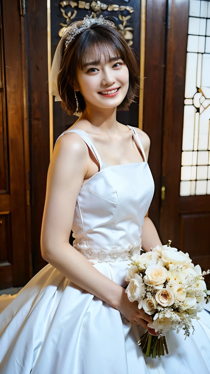 (8K、RAW Photos、Highest quality、masterpiece:1.2)、(Realistic、Realistic)、1 Girl、((Wedding dress、Chapel、Short Hair、View from the front、smile、Look at the camera and smile、stand))、cute