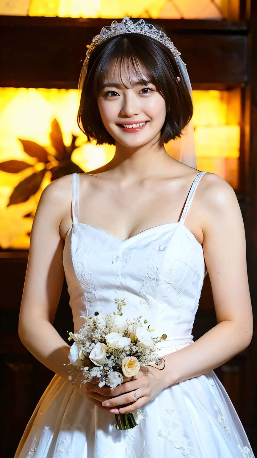 (8K、RAW Photos、Highest quality、masterpiece:1.2)、(Realistic、Realistic)、1 Girl、((Wedding dress、Chapel、Short Hair、View from the front、smile、Look at the camera and smile、stand))、cute