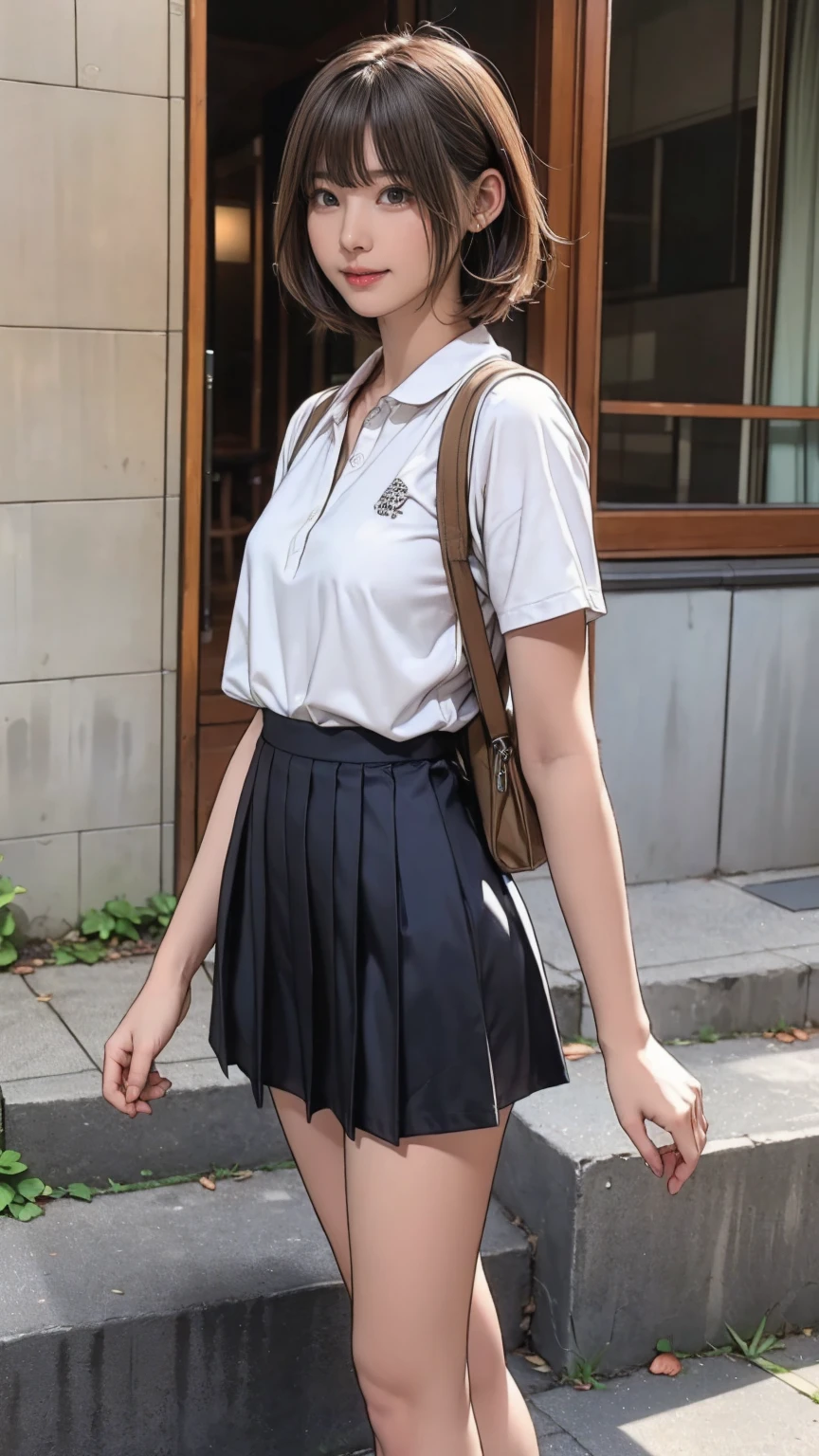 ((masterpiece)),(((Highest quality))),Thin thighs,Long legs,An 18-year-old woman standing on the steps of her school,Japan uniform:1.5,White camellia floral lace bra:1.5,open chest white shirt,The best smile,Short blonde hair:1.5,short side wave,Carrying a black backpack,Wear black loafers,