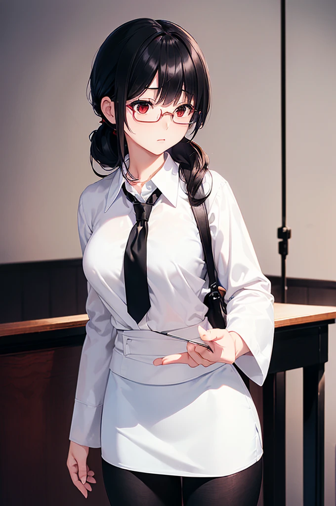 (masterpiece; best quality: 1.2), (finely detailed eyes: 1.3), ((25 year old woman)), ((solo)), (red eyes: 1.4), (body; gorgeous, soft, femenine: 1.3), (silky black hair + low ponytail: 1.3), (beautiful and clear background: 1.2), ((depth of field)), (equipment: white lab coat + black shirt + white necktie + black pencil skirt + black tights + black square glasses: 1.3), (anime illustration: 1.2), (background composition; japanese highschool classroom + furniture: 1.1), (extremely fine and beautiful: 1.1), (shot composition; standing + centered on torso + close-up: 1.5), (expression; calm, stoic: 1.2)