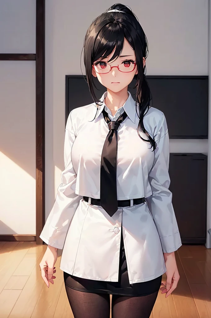(masterpiece; best quality: 1.2), (finely detailed eyes: 1.3), ((25 year old woman)), ((solo)), (red eyes: 1.4), (body; gorgeous, soft, femenine: 1.3), (silky black hair + low ponytail: 1.3), (beautiful and clear background: 1.2), ((depth of field)), (equipment: white lab coat + black shirt + white necktie + black pencil skirt + black tights + black square glasses: 1.3), (anime illustration: 1.2), (background composition; japanese highschool classroom + furniture: 1.1), (extremely fine and beautiful: 1.1), (shot composition; standing + centered on torso + close-up: 1.5), (expression; calm, stoic: 1.2)