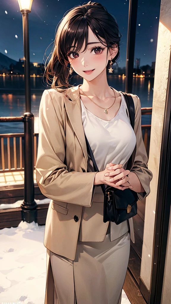 (masterpiece:1.2, Highest quality), (Realistic, photoRealistic:1.4), Beautiful illustrations, (Natural Side Lighting, Cinema Lighting), Browsing Caution, 
View your viewers, 1 Girl, Japanese, Beauty、30 years old,  Perfect Face, Cute and symmetrical face, Shiny skin, 
(Medium Hair, Black Hair、ponytail), Swept-apart bangs, Dark brown eyes, Droopy eyes, Long eyelashes, (Medium chest), Slim body, 
Beautiful Hair, Beautiful Face, Beautiful attention to detail, Beautiful clavicle, Beautiful body, Beautiful breasts, Beautiful thighs, Beautiful feet, Beautiful fingers, 
(Beige coat, blouse, Long skirt)、Shoulder bag、Earrings、necklace、
(Beautiful views,snow), night, (Riverside)、 Are standing, (smile, Open your mouth a little), 