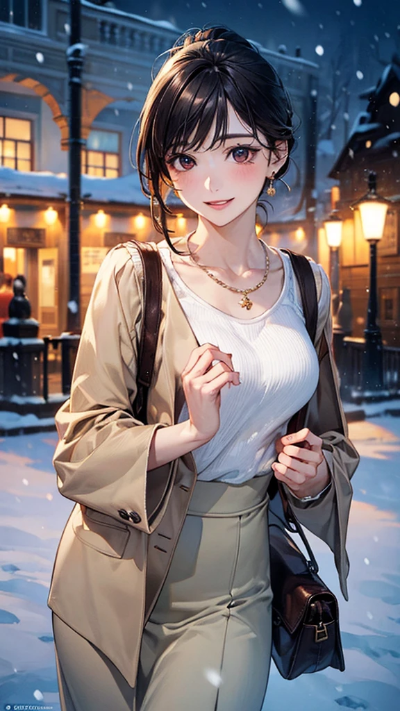(masterpiece:1.2, Highest quality), (Realistic, photoRealistic:1.4), Beautiful illustrations, (Natural Side Lighting, Cinema Lighting), Browsing Caution, 
View your viewers, 1 Girl, Japanese, Beauty、30 years old,  Perfect Face, Cute and symmetrical face, Shiny skin, 
(Medium Hair, Black Hair、ponytail), Swept-apart bangs, Dark brown eyes, Droopy eyes, Long eyelashes, (Medium chest), Slim body, 
Beautiful Hair, Beautiful Face, Beautiful attention to detail, Beautiful clavicle, Beautiful body, Beautiful , Beautiful thighs, Beautiful feet, Beautiful fingers, 
(Beige coat, blouse, Long skirt)、Shoulder bag、Earrings、necklace、
(Beautiful views,snow), night, (Riverside)、 Are standing, (smile, Open your mouth a little), 