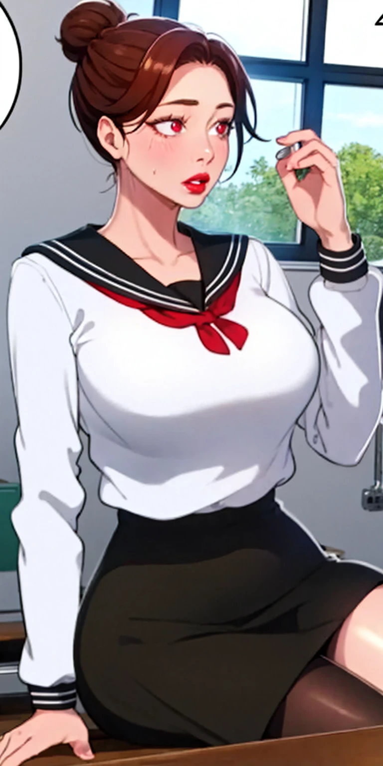 masterpiece:1.5, best quality:1.5, aesthetic, 1girl, sidelocks, cinematic lighting, sharp focus,large breasts , mature female, horny ,16k, glowing eyes, detailed 4k eyes,
playground,seduction,sexy lips, parted lips,detailed lips,
red lips, high detailed background,((light pink eyes)), detailed face,(shiny skin:1.3),
auntjunev2,hair bun, bangs, messy hair,,AuntJune,
desk, pantyhose, solo, sitting, school desk, , brown hair, classroom, indoors, black pantyhose, chair, skirt, brown eyes, serafuku, blush, ponytail, window, head rest, black skirt, black serafuku, breasts, school chair, long sleeves, sailor collar, open mouth, jacket, mature female, large breasts, lips, looking away, long hair, school bag
