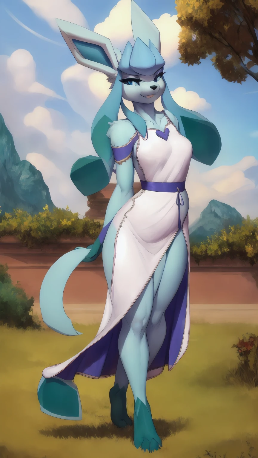 uploaded on e621, explicit content, 3d:0.4, (bastika, cutesexyrobutts, hioshiru), (furry, anthro:1.2), female, solo, glaceon, confident expression, closeup young, tall, tall female, long legs, toned, curvaceous
detailed hands, beautiful hands, 
((best quality)), ((masterpiece)), ((extremely detailed)), (perfect composition), illustration, high-res, prefect lighting, absurdres, uncreditable absurdres, sole, full body, long white cheongsam, sideboob, side slit, sideboob, skin tight, pelvic curtain, thigh gap, (white long dress:1.2), explicit, sexy, side slit, very long tabard, looking at viewer, bare shoulders,  (silver cheongsam embroidery), (silver Chinese pattern), (silver pattern), accessories, jewelry, bracelets,
detailed blue eyes, beautiful blue eyes,