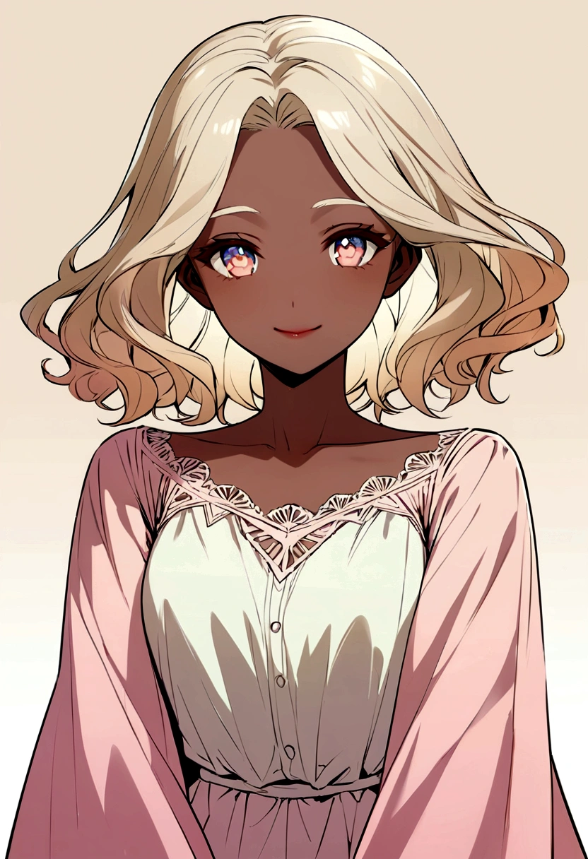 A brown woman with light brown skin and voluminous blonde hair. Your hair is full, wavy and goes down to the shoulders. She is dressed in a simple white blouse, highlighting the natural beauty of your features. eyes are light brown, with a friendly glow. She has a soft smile, which adds a touch of warmth to your expression. The background of the image is simple, maybe in a pastel color, so as not to divert attention from the main figure.