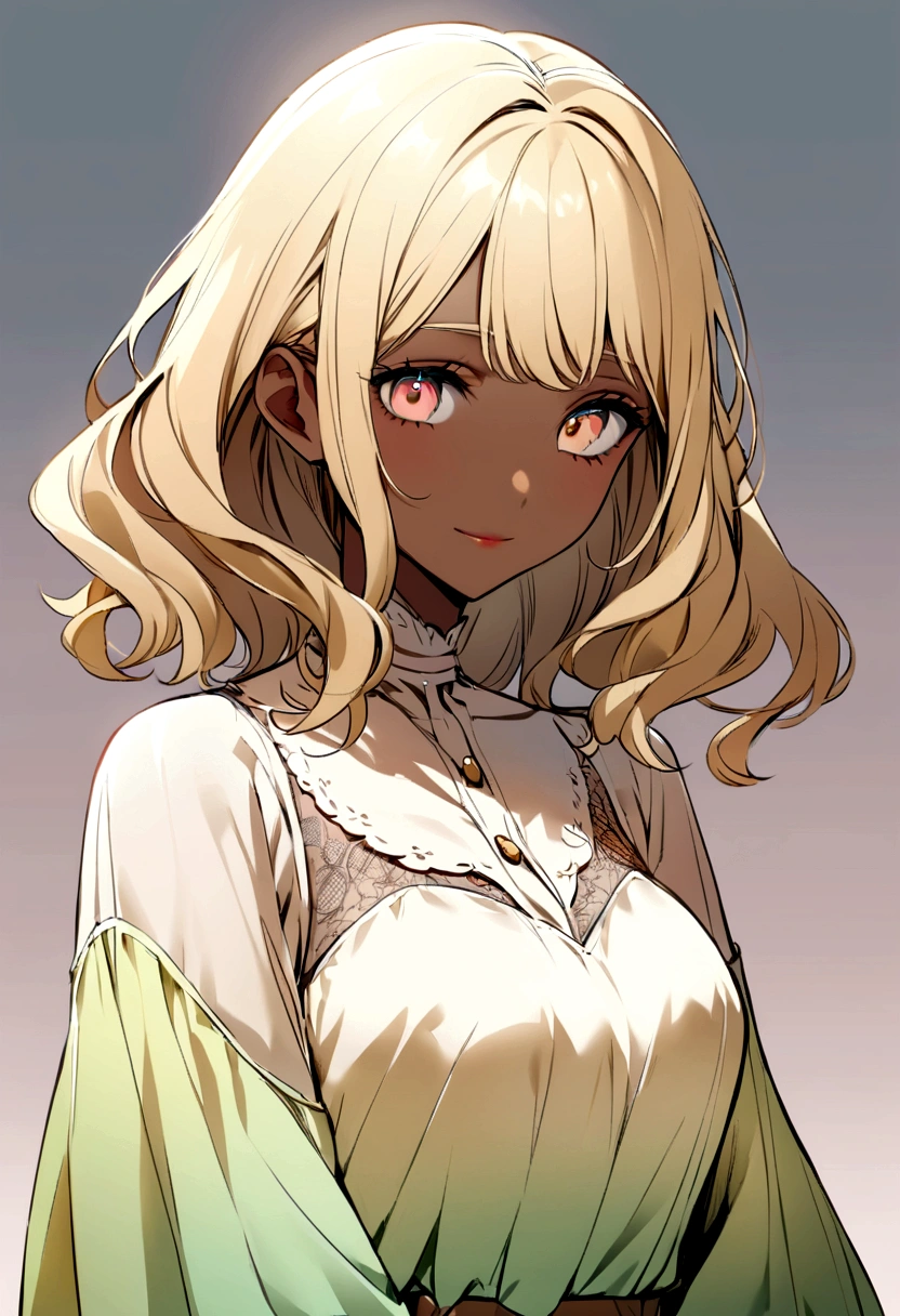 A brown woman with light brown skin and voluminous blonde hair. Your hair is full, wavy and goes down to the shoulders. She is dressed in a simple white blouse, highlighting the natural beauty of your features. eyes are light brown, with a friendly glow. She has a soft smile, which adds a touch of warmth to your expression. The background of the image is simple, maybe in a pastel color, so as not to divert attention from the main figure.