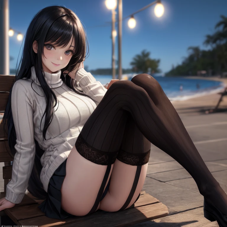 highres, ultra detailed, (1girl:1.3), 1 extremely beautiful and glamorous anime girl sitting on the park bench at night, wearing a white collard shirt and a knee-length long pleats skirt, ((black stockings)), smile, happy, wind, 8 life size, detailed clothes, detailed body, detailed arms, human hands, detailed hands, upper body shot, hip focus, blush, light smile, looking the viewer, facing the viewer, staring the viewer, Lights are lit around the beach and stars are shining in the sky, studio soft light, cinematic light, detailed background, realistic, ultra-realistic, masterpiece, 32k ultra-sharp image, 1girl, anime, black eyes, long black hair with square bangs, very long black hair, super long black hair, skirt and stockings, ((black thigh highs)), ((garter)), adult, hourglass figure, nerdy, bed, books, PC desktop, laptop, (happy), (((ribbed white sweater)))