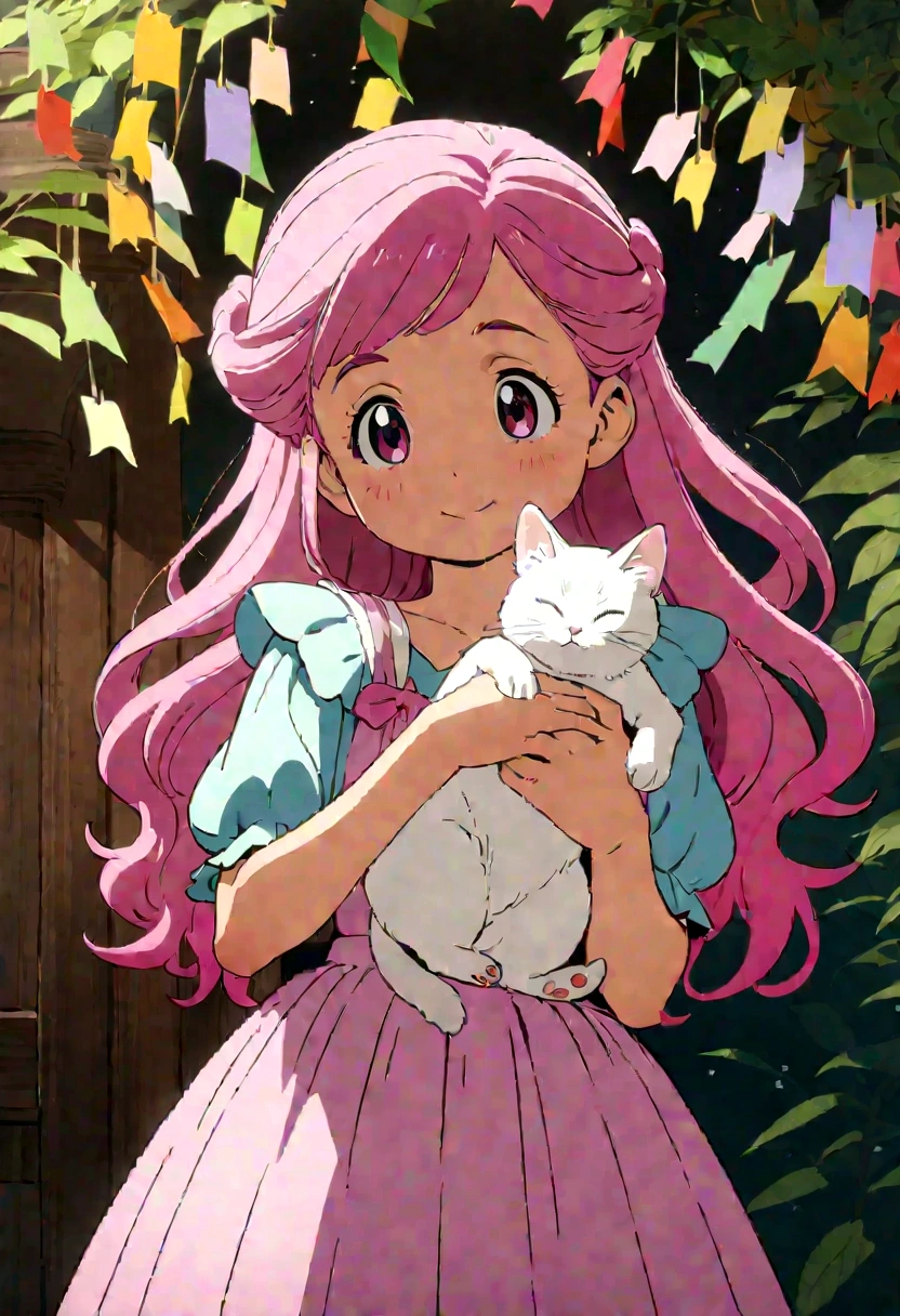 Tanabata、Studio Ghibli-style animated films, Stills, best quality, masterpiece, representative work, Official Art, professional, Extremely fine details, 8K, Pink long-haired girl holding a white cat,Cure,Sleepy beautiful girl