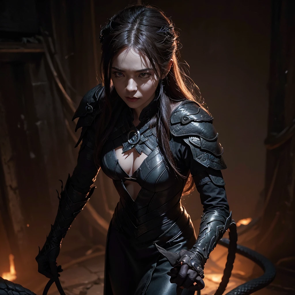 a close up of a person holding a snake in a dark room, elden ring boss, shadowbringers cinematic, elden ring cinematic lighting, elden ring official, ps5 cinematic screen capture, elden ring art, elden ring inspired, elden ring concept art, unreal engine 5 render dramatic, path of exile, elden ring class
