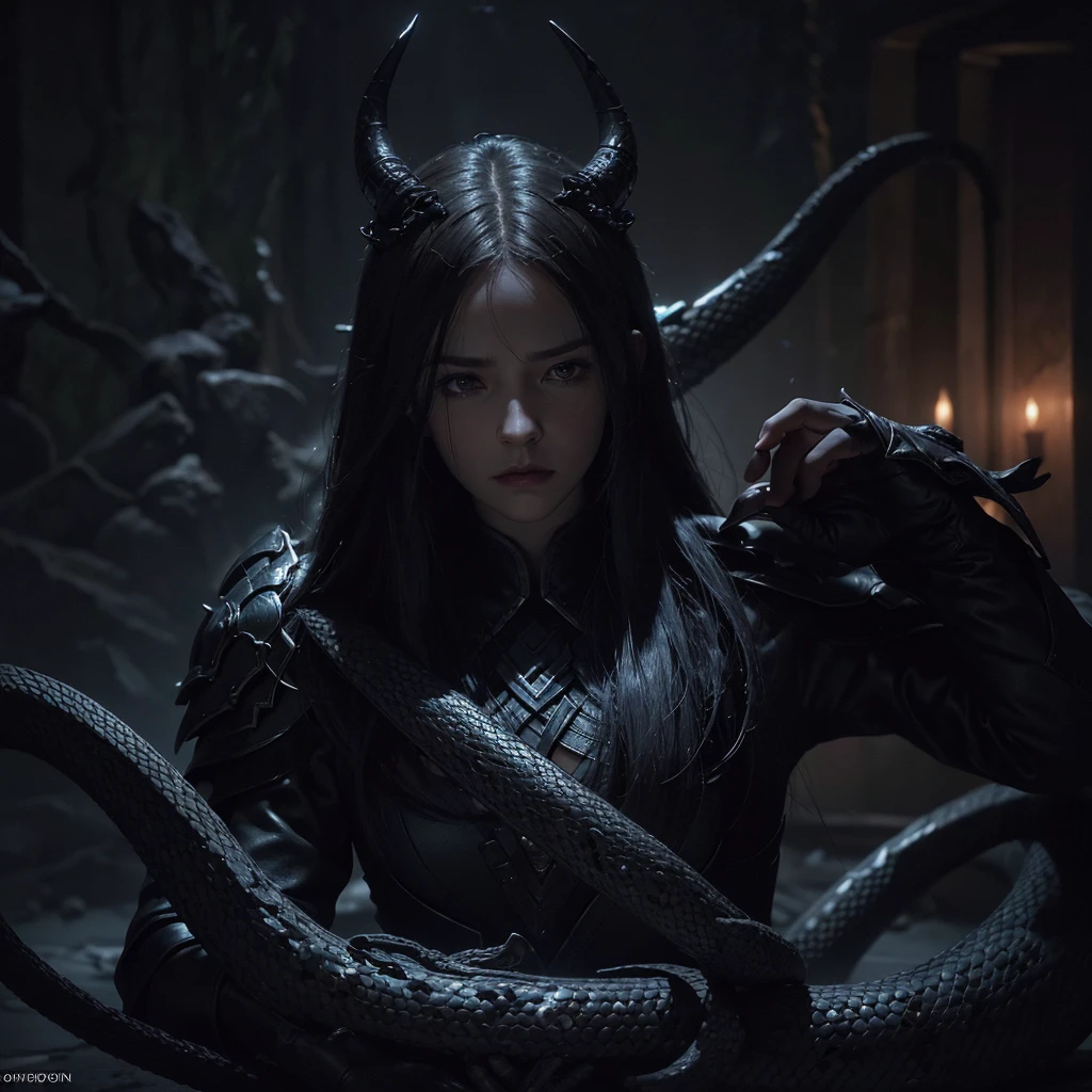 a close up of a person holding a snake in a dark room, elden ring boss, shadowbringers cinematic, elden ring cinematic lighting, elden ring official, ps5 cinematic screen capture, elden ring art, elden ring inspired, elden ring concept art, unreal engine 5 render dramatic, path of exile, elden ring class