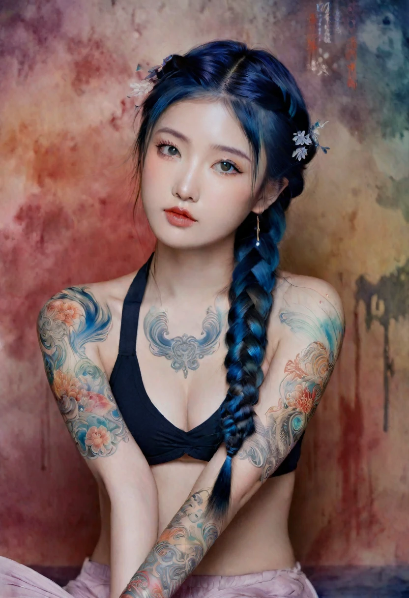 Young Asian girl, captivating tattoo adorning her arm, large braid, contemplative and sensual girl portrait,in full growth, expressive pose, stylized blender aesthetic, fantasy, surreal and random composition, digital watercolor wax style and wash of intricate watermark images, style artistic infinite meticulous craftsmanship, macro photography miki asai, stunning vision night influence visually dark artistic technologies splash style finely artistic works, ultra-realistic, photo-details, UHD