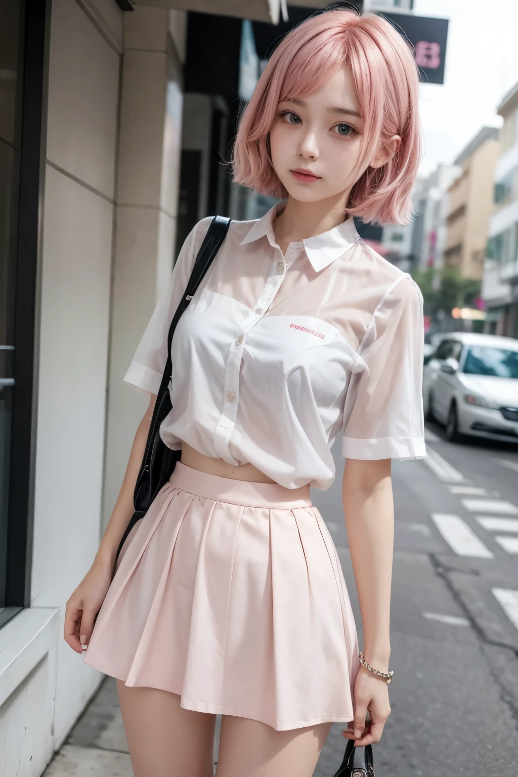 Make a Girl Pink Hair, she is wearing a short skirt and a transparent shirt, there is nothing under the skirt