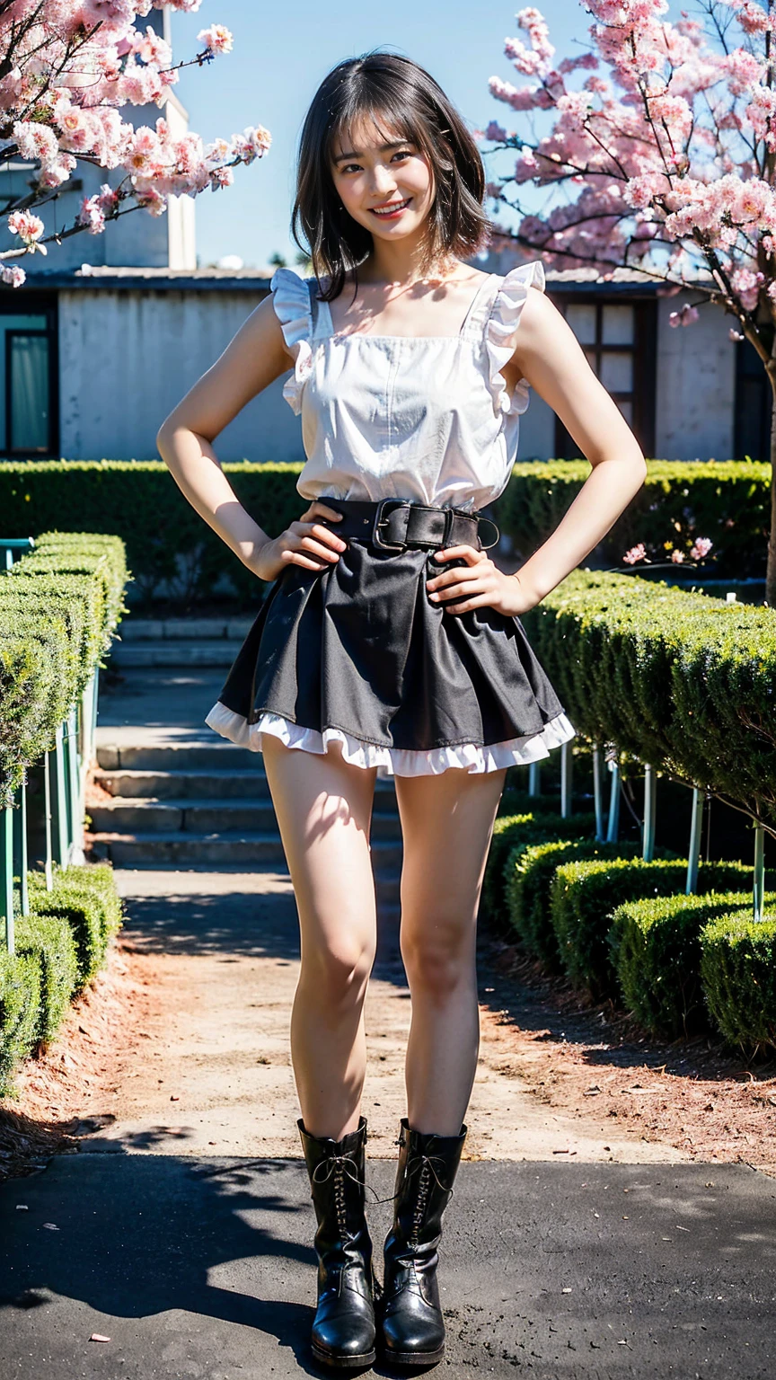 (8K、RAW Photos、Highest quality、masterpiece:1.2)、(Realistic、Realistic)、1 Girl、((mini skirt、smile、See-through、Frills、Sleeveless、Pink and black、Thin legs、whole body、boots、one piece、garden、View from the front、Looking into the camera、belt、Stand with hands on hips))、cute