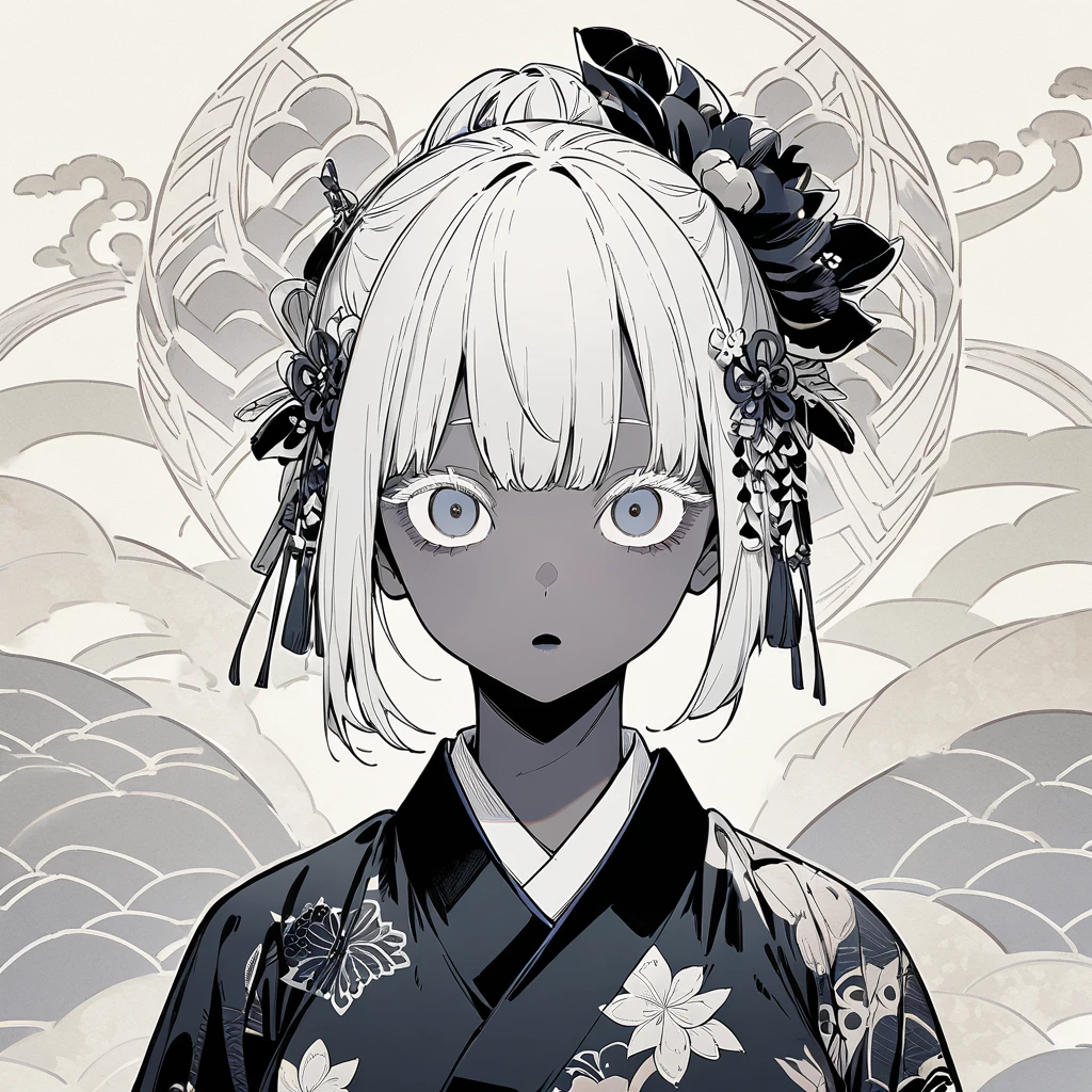 girl, Japanese pattern, yandere, cool, looking at viewer, white tone, hair ornament, Japanese paper background, front view, colored eyelashes, silver, multiple, large breasts, dark color, illustration,tight skin,Inorganic