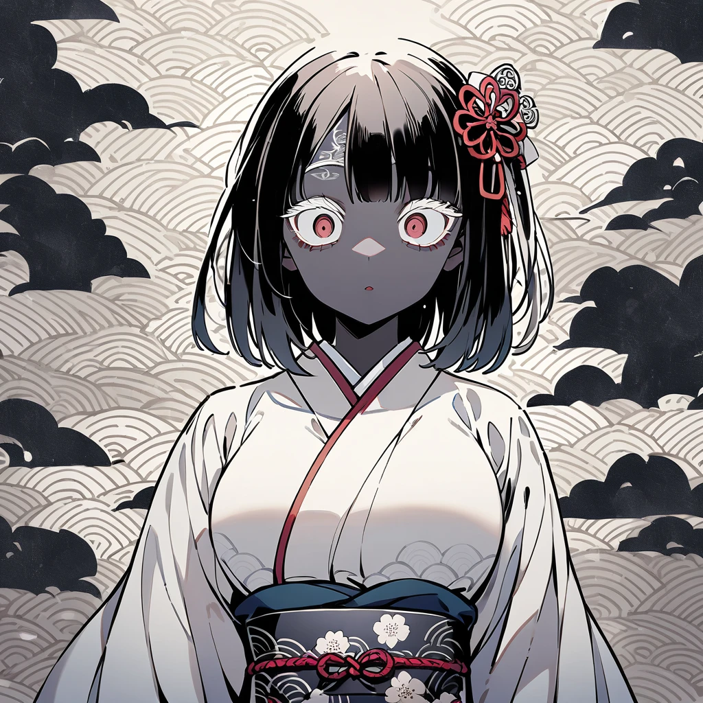 girl, Japanese pattern, yandere, cool, looking at viewer, white tone, hair ornament, Japanese paper background, front view, colored eyelashes, silver, multiple, large breasts, dark color, illustration,tight skin,Inorganic