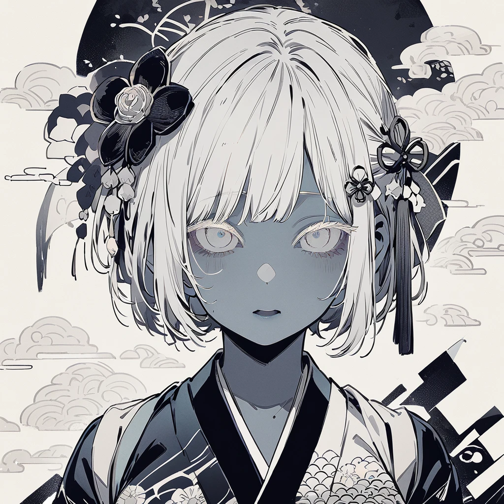 girl, Japanese pattern, yandere, cool, looking at viewer, white tone, hair ornament, Japanese paper background, front view, colored eyelashes, silver, multiple, large breasts, dark color, illustration,tight skin,Inorganic