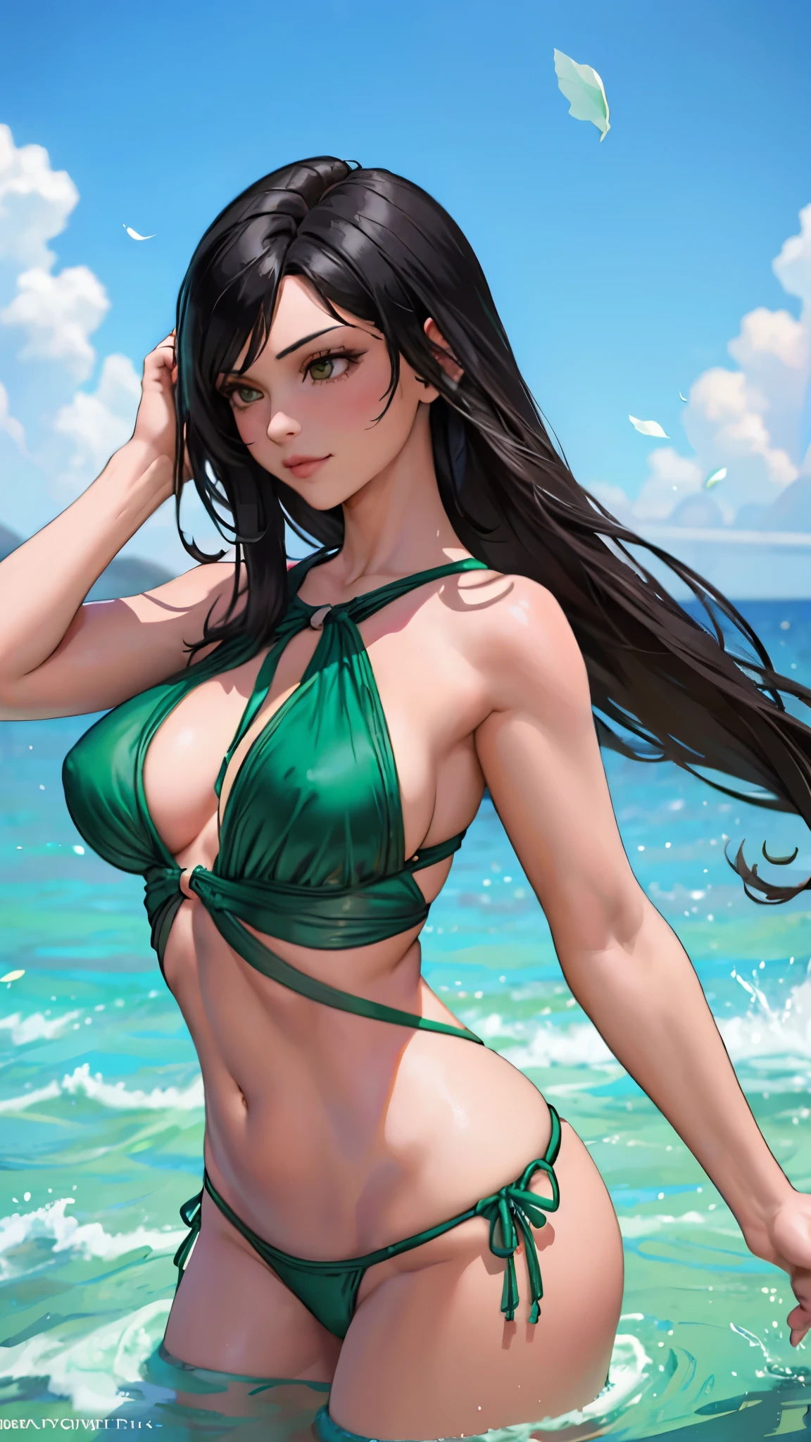 A beautiful and delicate portrait of a cute playful girl, Black Hair, Emerald Green Sea Swinsuits, mean smirk, petals dancing, (Top Quality, masterpiece, ultra-realistc) and petals floating in the background
