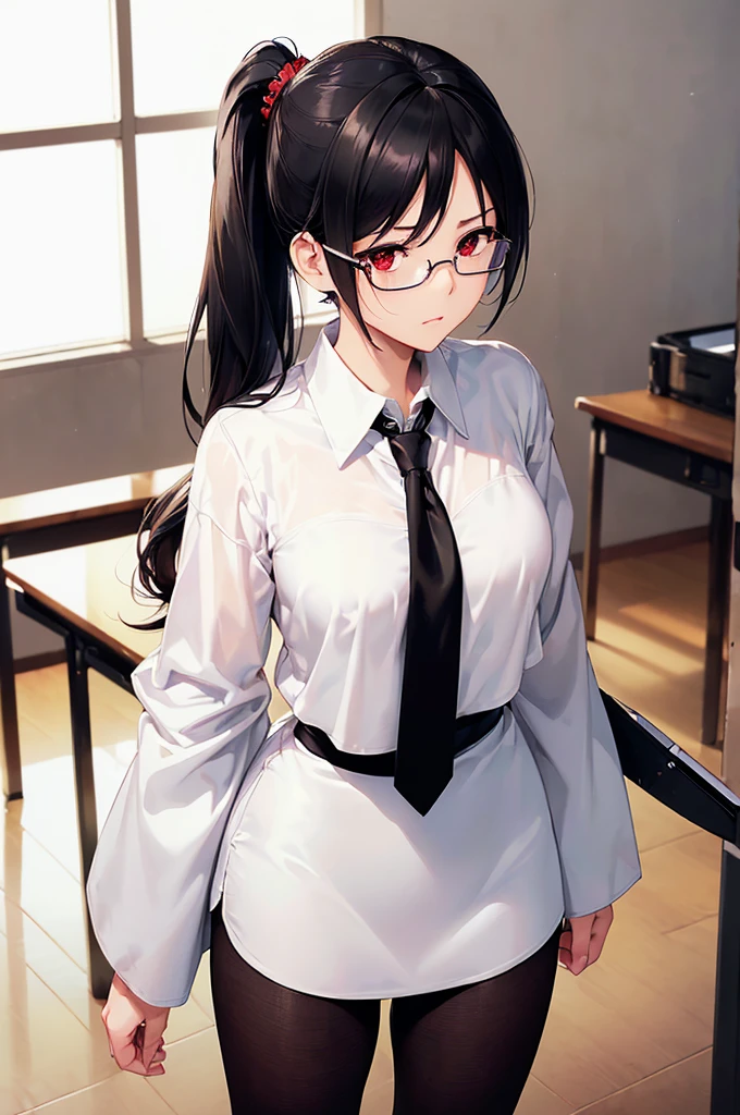 (masterpiece; best quality: 1.2), (finely detailed eyes: 1.3), ((25 year old woman)), ((solo)), (red eyes: 1.4), (body; gorgeous, soft, femenine: 1.3), (silky black hair + low ponytail: 1.3), (beautiful and clear background: 1.2), ((depth of field)), (equipment: white lab coat + black shirt + white necktie + black pencil skirt + black tights + black square glasses: 1.3), (anime illustration: 1.2), (background composition; japanese highschool classroom + furniture: 1.1), (extremely fine and beautiful: 1.1), (shot composition; standing + centered on torso + close-up: 1.5), (expression; calm, stoic: 1.2)