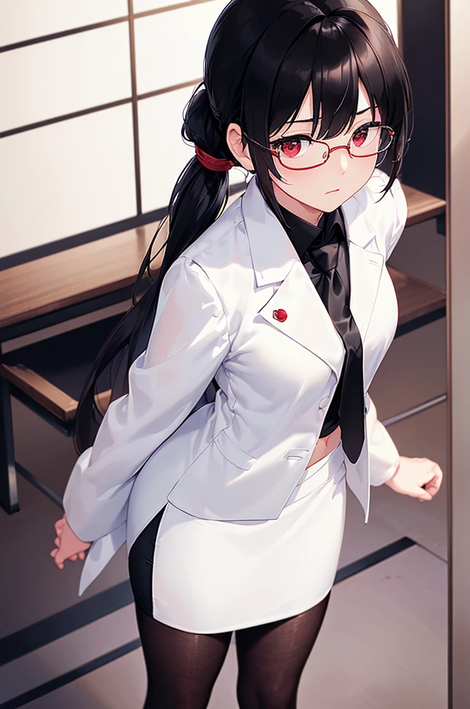 (masterpiece; best quality: 1.2), (finely detailed eyes: 1.3), ((25 year old woman)), ((solo)), (red eyes: 1.4), (body; gorgeous, soft, femenine: 1.3), (silky black hair + low ponytail: 1.3), (beautiful and clear background: 1.2), ((depth of field)), (equipment: white lab coat + black shirt + white necktie + black pencil skirt + black tights + black square glasses: 1.3), (anime illustration: 1.2), (background composition; japanese highschool classroom + furniture: 1.1), (extremely fine and beautiful: 1.1), (shot composition; standing + centered on torso + close-up: 1.5), (expression; calm, stoic: 1.2)