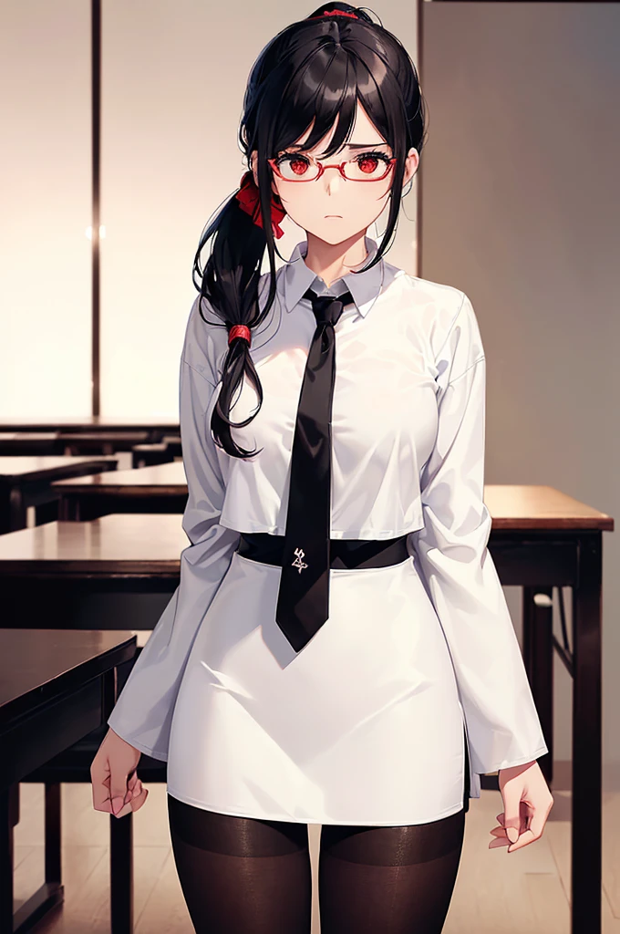 (masterpiece; best quality: 1.2), (finely detailed eyes: 1.3), ((25 year old woman)), ((solo)), (red eyes: 1.4), (body; gorgeous, soft, femenine: 1.3), (silky black hair + low ponytail: 1.3), (beautiful and clear background: 1.2), ((depth of field)), (equipment: white lab coat + black shirt + white necktie + black pencil skirt + black tights + black square glasses: 1.3), (anime illustration: 1.2), (background composition; japanese highschool classroom + furniture: 1.1), (extremely fine and beautiful: 1.1), (shot composition; standing + centered on torso + close-up: 1.5), (expression; calm, stoic: 1.2)