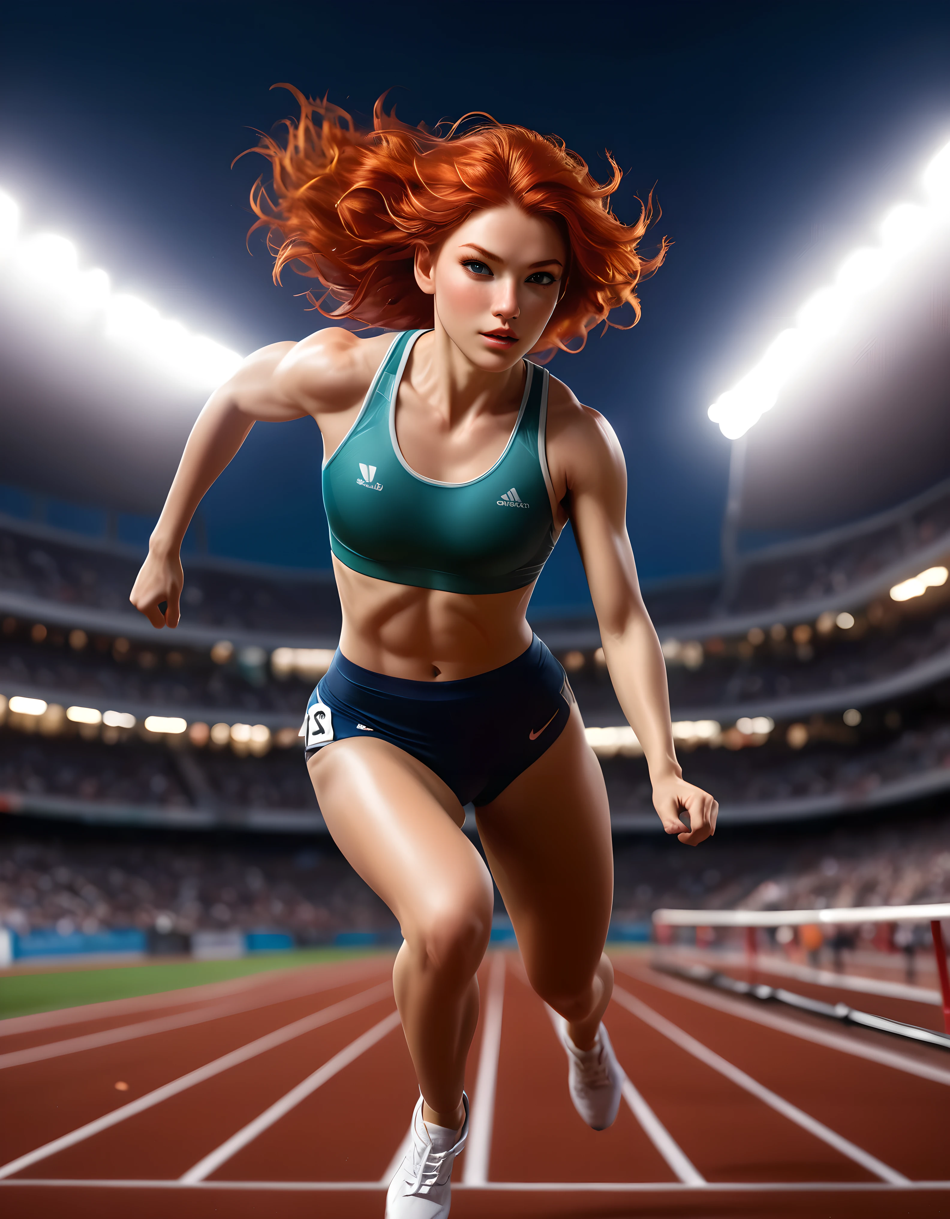 ((Masterpiece in maximum 16K resolution):1.6),((soft_color_photograpy:)1.5), ((Ultra-Detailed):1.4),((Movie-like still images and dynamic angles):1.3), ((motion blur):1.1) | Create an 8K, ultra-high-resolution masterpiece with the best quality, capturing the essence of candid sports photography. | The subject is a red-headed female athlete with short, wavy, bright red hair and freckles. Her skin should have an ultra-realistic texture, with glowing eyes and hair that also exhibits a lifelike texture. Her facial proportions should follow the golden ratio, featuring a perfectly balanced face with glossed pale lips. | She is in the midst of performing a high jump in an athletic stadium, her body captured in a dynamic and graceful arc as she clears the bar. The background shows an empty stadium at night, with soft lighting that highlights her athletic form and the intensity of the moment. Capture her from head to thigh, showcasing her as a powerful and elegant athlete with an artistic body. The overall composition should emphasize her strength, agility, and the beauty of her movement in the dramatically lit sports setting. | (((anatomical correctness))), (((perfect_fingers))), (((perfect_legs))), (((perfect_hands))), ((perfect_composition, perfect_design, perfect_layout, perfect_detail, ultra_detailed)), ((enhance_all, fix_everything)), More Detail, Enhance.
