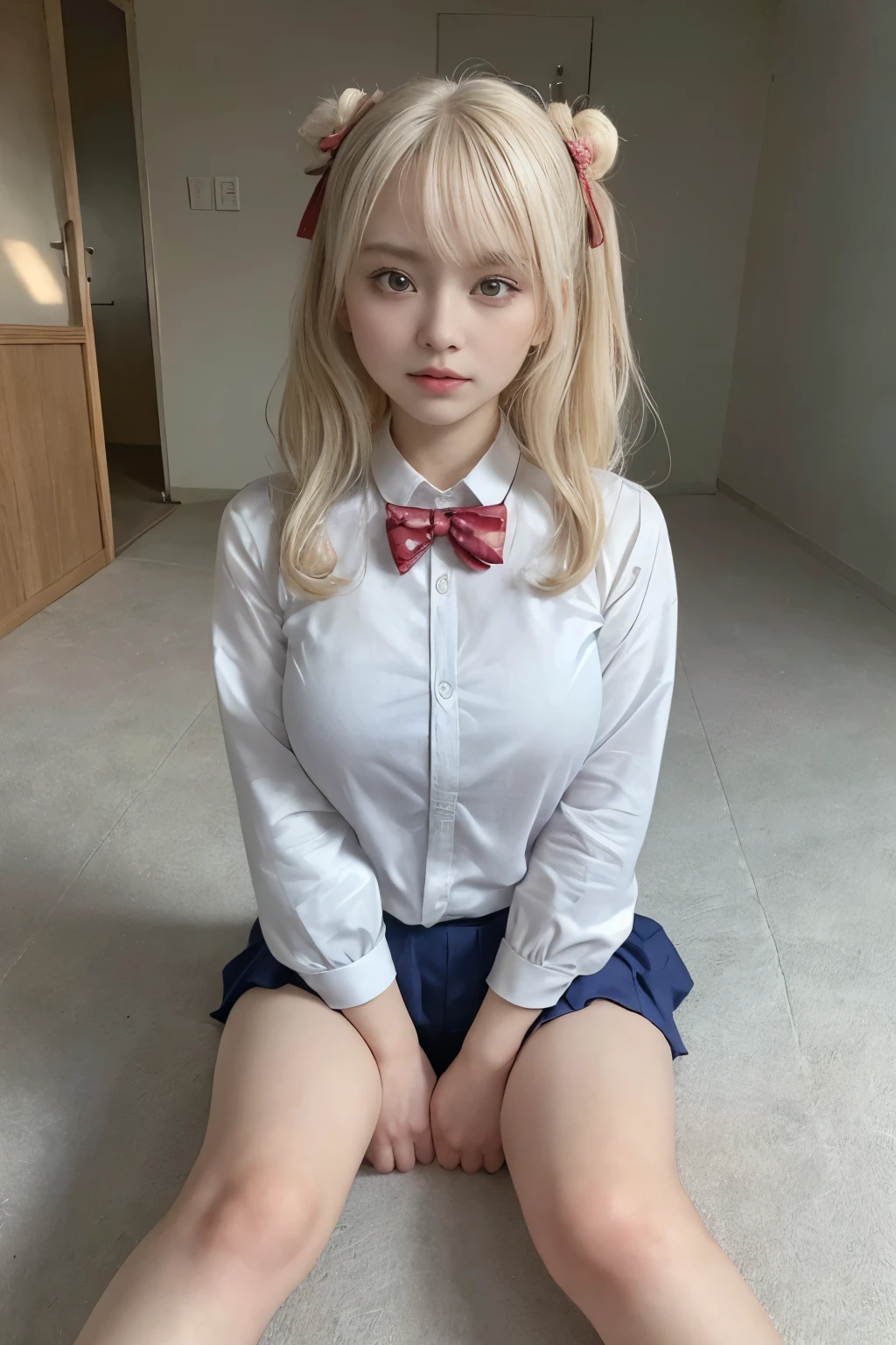 Wear a short skirt、Alafid (Alafid) Asian woman wearing bow tie sitting on train, Cute schoolgirl, Japanese schoolgirl, wearing Japanese school uniforms, Japanese school uniforms, a hyperPractical schoolgirl, Dress up as , hyperPractical , Wear school uniform, Practical , 女孩Wear, Wear , A posture, whole body, Good skin, 容Light焕发的皮肤, Beautiful thighs,发Light的大腿, 发Light的腿, (best quality, 8K, high resolution, lifelike:2.0), (Solitary, A girl:2.0),(Light: front),(Light: Strong),(The most beautiful girl:2.0),(Muscular girl:1.5),(有Light泽的皮肤:1.5),(Oily skin:1.5),(Platinum Blonde:1.5),Brown blush makeup , (big eyes girl:1.5),(Emphasize cleavage),((Large Breasts)),(Slobber),(Open your legs wide to the audience:1.6),((amazing)),((Lying on your back on a clean bed,Leaning on the big pillow.)),(Open your legs:1.5),(Open your thighs boldly:1.5),(大胆地Open your legs:1.5),(命令Open your legs:1.5),(Providing sexual services to viewers:1.2),(Have a good attitude towards the audience)