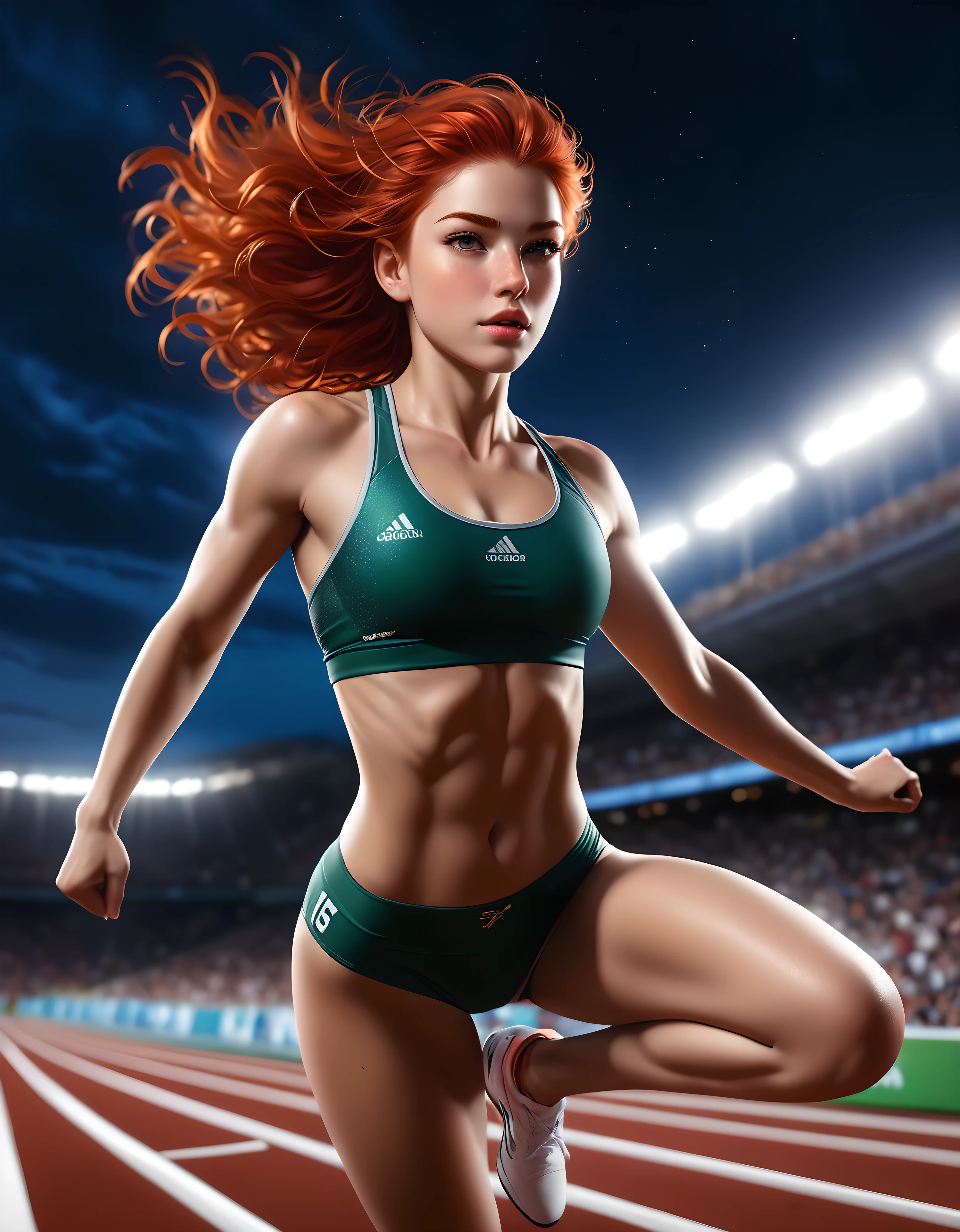 ((Masterpiece in maximum 16K resolution):1.6),((soft_color_photograpy:)1.5), ((Ultra-Detailed):1.4),((Movie-like still images and dynamic angles):1.3), ((motion blur):1.1) | Create an 8K, ultra-high-resolution masterpiece with the best quality, capturing the essence of candid sports photography. | The subject is a red-headed female athlete with short, wavy, bright red hair and freckles. Her skin should have an ultra-realistic texture, with glowing eyes and hair that also exhibits a lifelike texture. Her facial proportions should follow the golden ratio, featuring a perfectly balanced face with glossed pale lips. | She is in the midst of performing a high jump in an athletic stadium, her body captured in a dynamic and graceful arc as she clears the bar. The background shows an empty stadium at night, with soft lighting that highlights her athletic form and the intensity of the moment. Capture her from head to thigh, showcasing her as a powerful and elegant athlete with an artistic body. The overall composition should emphasize her strength, agility, and the beauty of her movement in the dramatically lit sports setting. | (((anatomical correctness))), (((perfect_fingers))), (((perfect_legs))), (((perfect_hands))), ((perfect_composition, perfect_design, perfect_layout, perfect_detail, ultra_detailed)), ((enhance_all, fix_everything)), More Detail, Enhance.