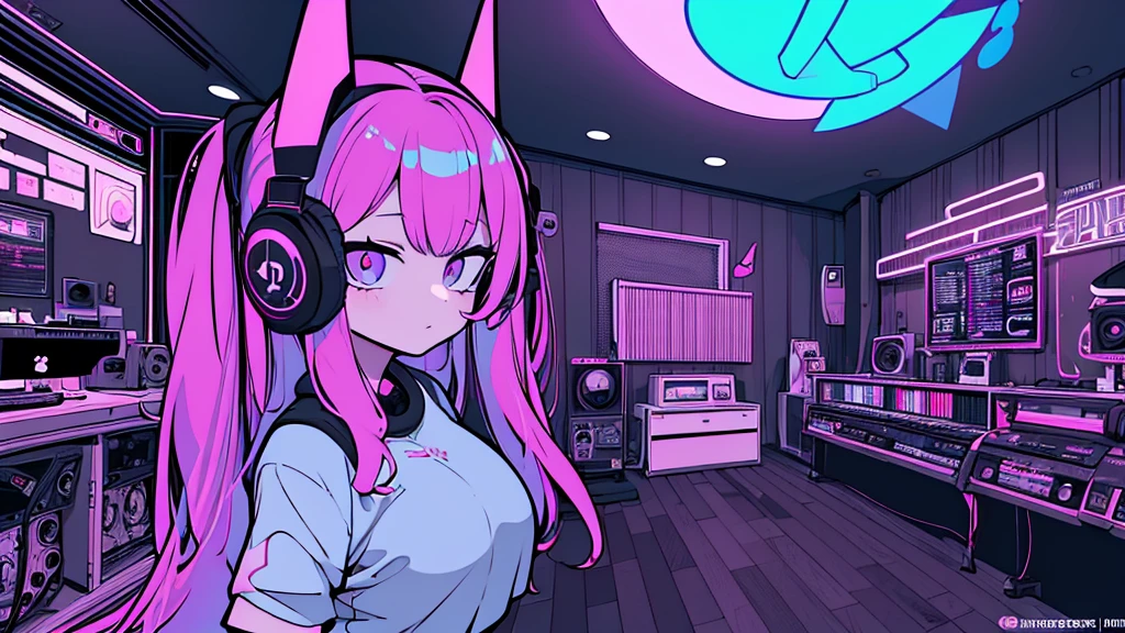 Best quality, (masterpiece), best detail face,1 girl, big breasts, 18 yo, 8k,absurdres,unity 8k wall paper,(extremely detailed:1.3), highest realistic, (retro headphones:), (soft neon light:), (psychedelic), Her room full of music equipment and records, sports wear , See the whole room , dark purple color pallet
