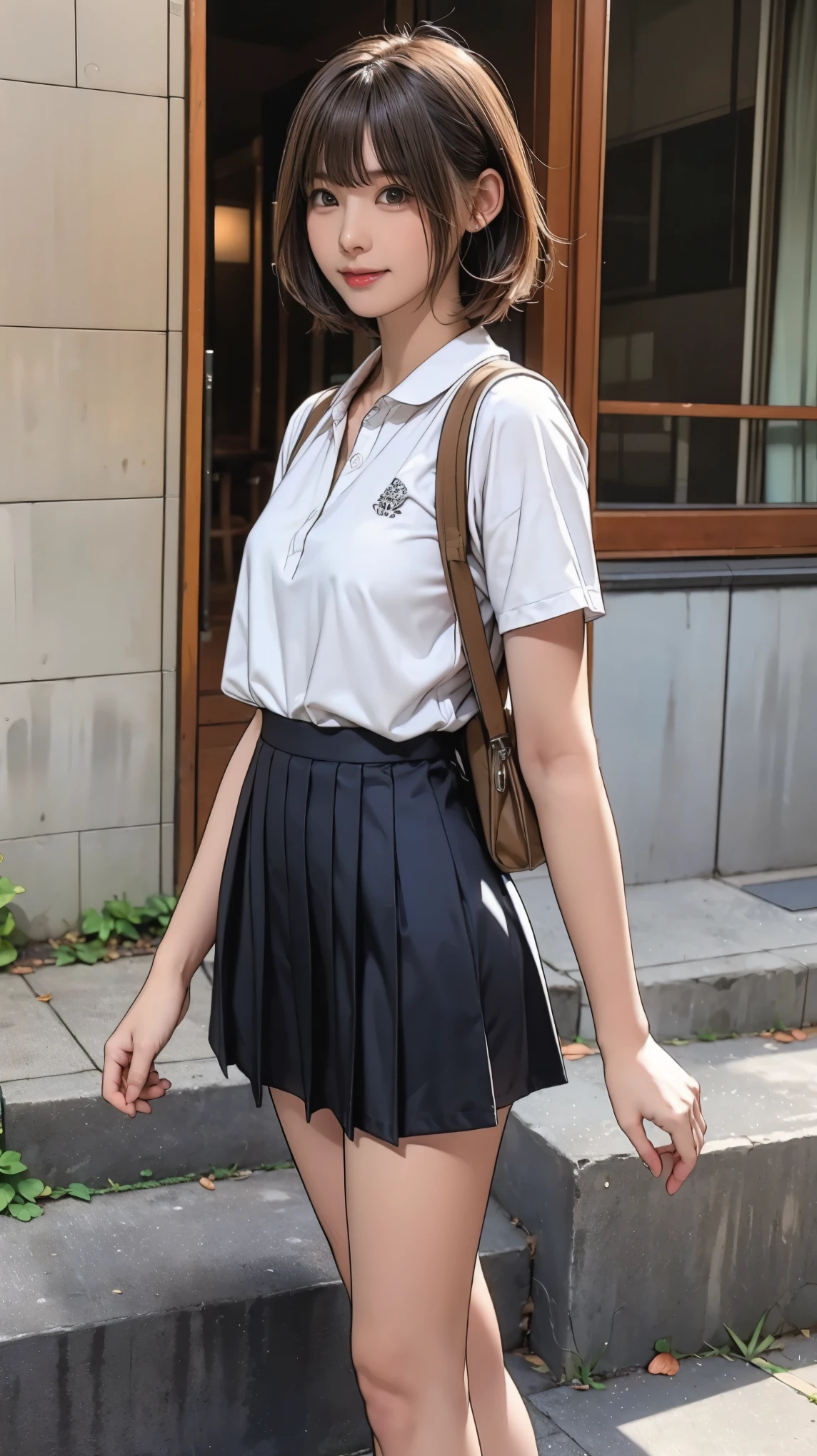 ((masterpiece)),(((Highest quality))),Thin thighs,Long legs,An 18-year-old woman standing on the steps of her school,Japan uniform:1.5,White camellia floral lace bra:1.5,open chest white shirt,The best smile,Short blonde hair:1.5,short side wave,Carrying a black backpack,Wear black loafers,