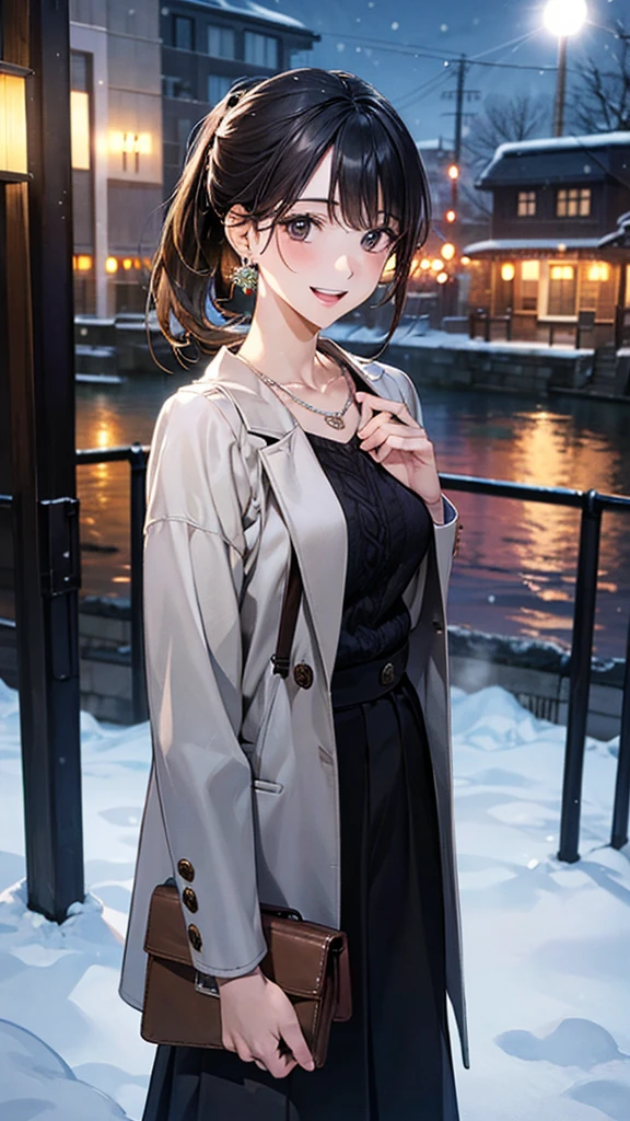 (masterpiece:1.2, Highest quality), (Realistic, photoRealistic:1.4), Beautiful illustrations, (Natural Side Lighting, Cinema Lighting), Browsing Caution,
View your viewers, 1 Girl, Japanese, Beauty、30 years old, Perfect Face, Cute and symmetrical face, Shiny skin,
(Medium Hair, Black Hair、ponytail), Swept-apart bangs, Dark brown eyes, Droopy eyes, Long eyelashes, (Medium chest), Slim body,
Beautiful Hair, Beautiful Face, Beautiful attention to detail, Beautiful clavicle, Beautiful body, Beautiful breasts, Beautiful thighs, Beautiful feet, Beautiful fingers,
(Grey coat, knit, Long skirt)、Bag、Earrings、necklace、
(Beautiful views,snow), night, (Riverside)、 Are standing, (smile, Open your mouth a little),
