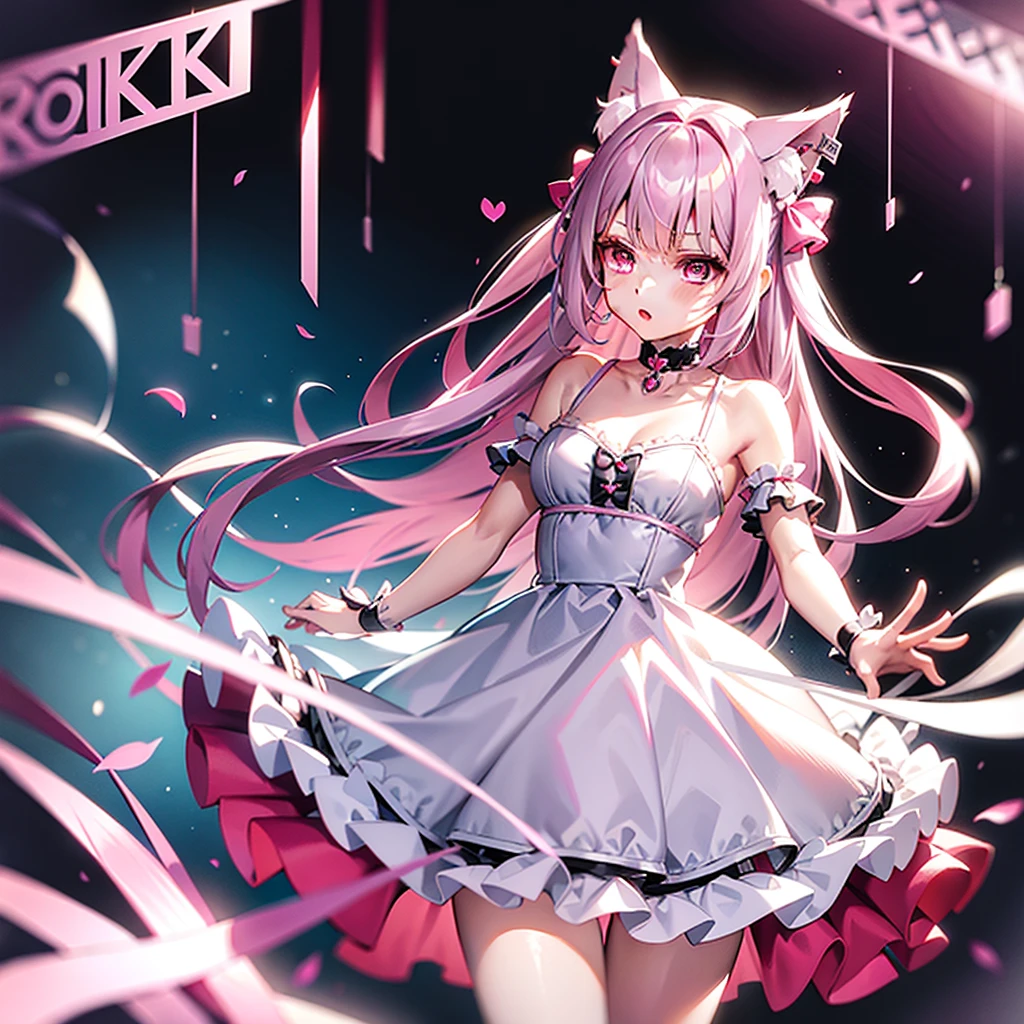 Silver pink hair, pink eyes, body, cat ears,girl, earrings,hair bows,hair charms,dresses