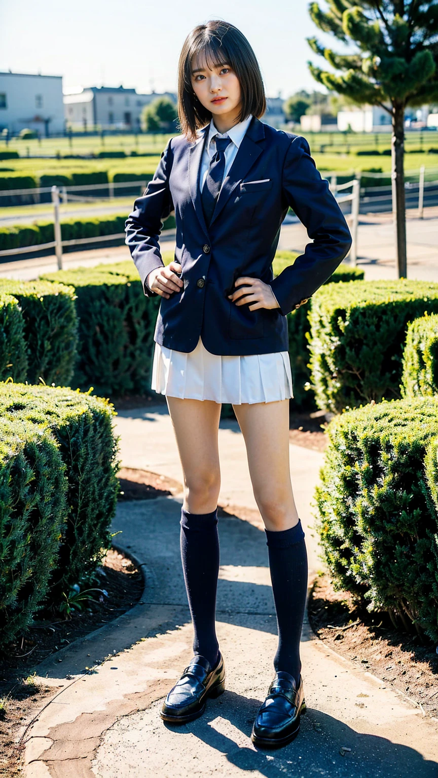 (8K、RAW Photos、Highest quality、masterpiece:1.2)、(Realistic、Realistic)、1 Girl、((blackチェックミニスカート、High School Uniform、blazer、Navy Socks、loafers、Medium Hair、black、Thin legs、garden、View from the front、Looking into the camera、Stand with hands on hips))、cute
