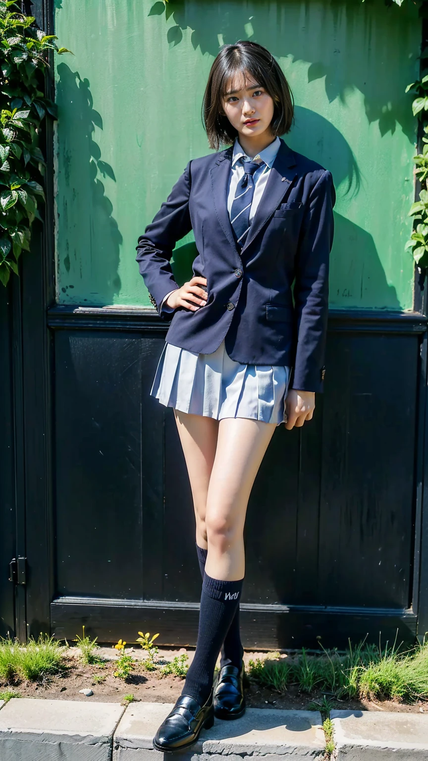 (8K、RAW Photos、Highest quality、masterpiece:1.2)、(Realistic、Realistic)、1 Girl、((blackチェックミニスカート、High School Uniform、blazer、Navy Socks、loafers、Medium Hair、black、Thin legs、garden、View from the front、Looking into the camera、Stand with hands on hips))、cute
