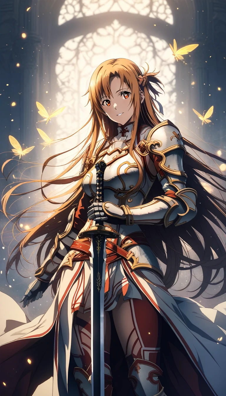 (harayutaka art style:0.7), score_9, score_8_up, score_7_up, score_6_up, uncensored, asuna yuuki from sword art online, orange hair, long hair, orange eyes, fold, BREAK (masterpiece:1.2), best quality, high resolution,(detailed eyes:1.3), perfect lighting, (perfect hands, perfect anatomy), large breasts, holding, standing, weapon, female focus, sword, cape, holding weapon, armor, holding sword, shoulder armor, gauntlets, facing viewer, pauldrons, breastplate, planted, full armor, bokeh, backlighting, firefly, fireflies, hollow eyes, bright pupils, 