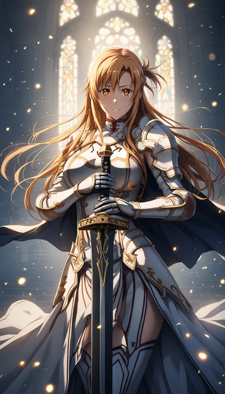 (harayutaka art style:0.7), score_9, score_8_up, score_7_up, score_6_up, uncensored, asuna yuuki from sword art online, orange hair, long hair, orange eyes, fold, BREAK (masterpiece:1.2), best quality, high resolution,(detailed eyes:1.3), perfect lighting, (perfect hands, perfect anatomy), large breasts, holding, standing, weapon, female focus, sword, cape, holding weapon, armor, holding sword, shoulder armor, gauntlets, facing viewer, pauldrons, breastplate, planted, full armor, bokeh, backlighting, firefly, fireflies, hollow eyes, bright pupils, 